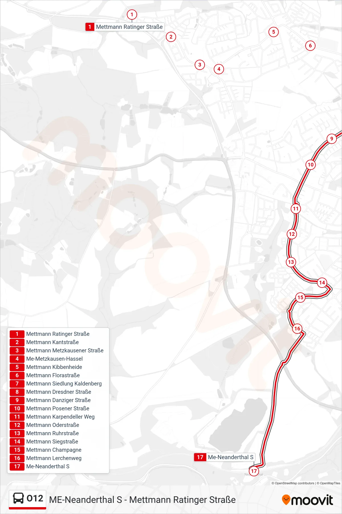 Linie O12 (Bus) Richtung Me-Neanderthal S: Route und Haltestellen auf der Karte