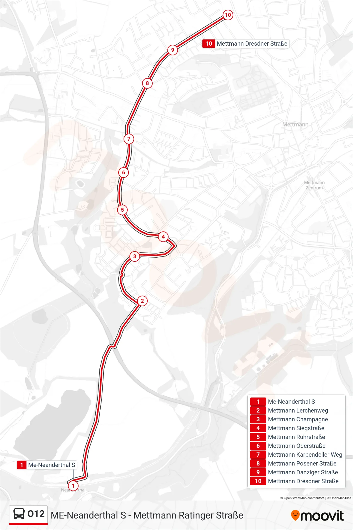 O12 bus Line (Mettmann Dresdner Straße) route and stops on a map