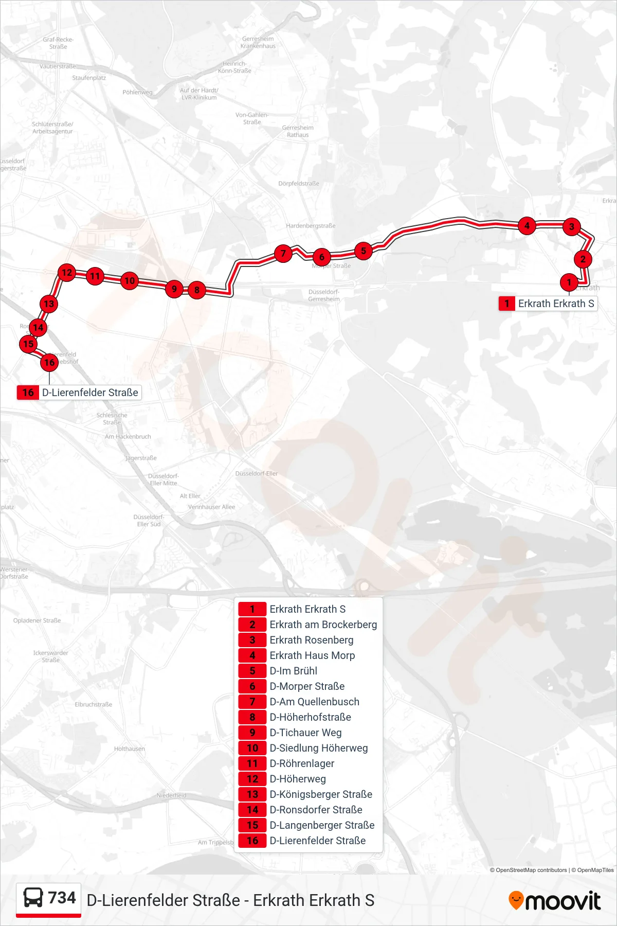Linie 734 (Bus) Richtung D-Lierenfelder Straße: Route und Haltestellen auf der Karte