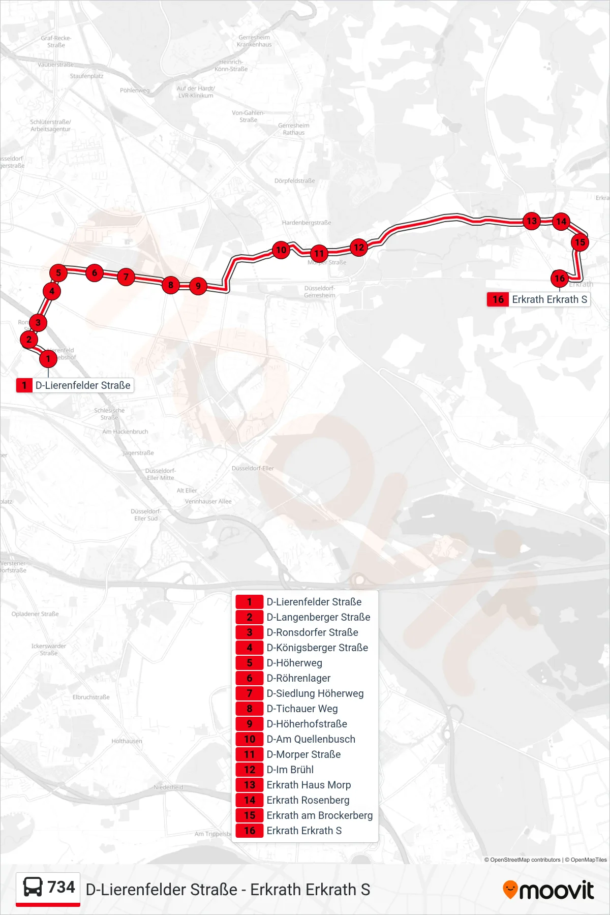 Linie 734 (Bus) Richtung Erkrath Erkrath S: Route und Haltestellen auf der Karte