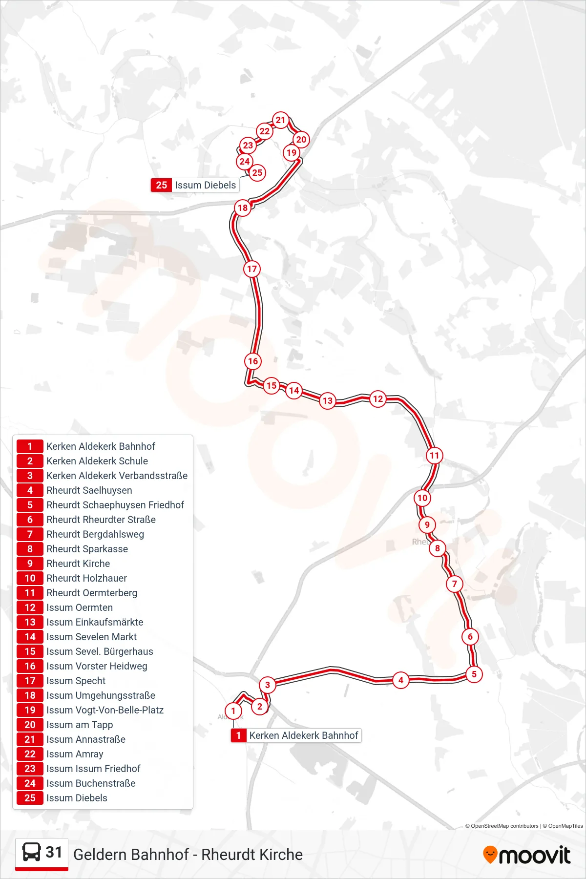 31 bus Line (Issum Diebels) route and stops on a map