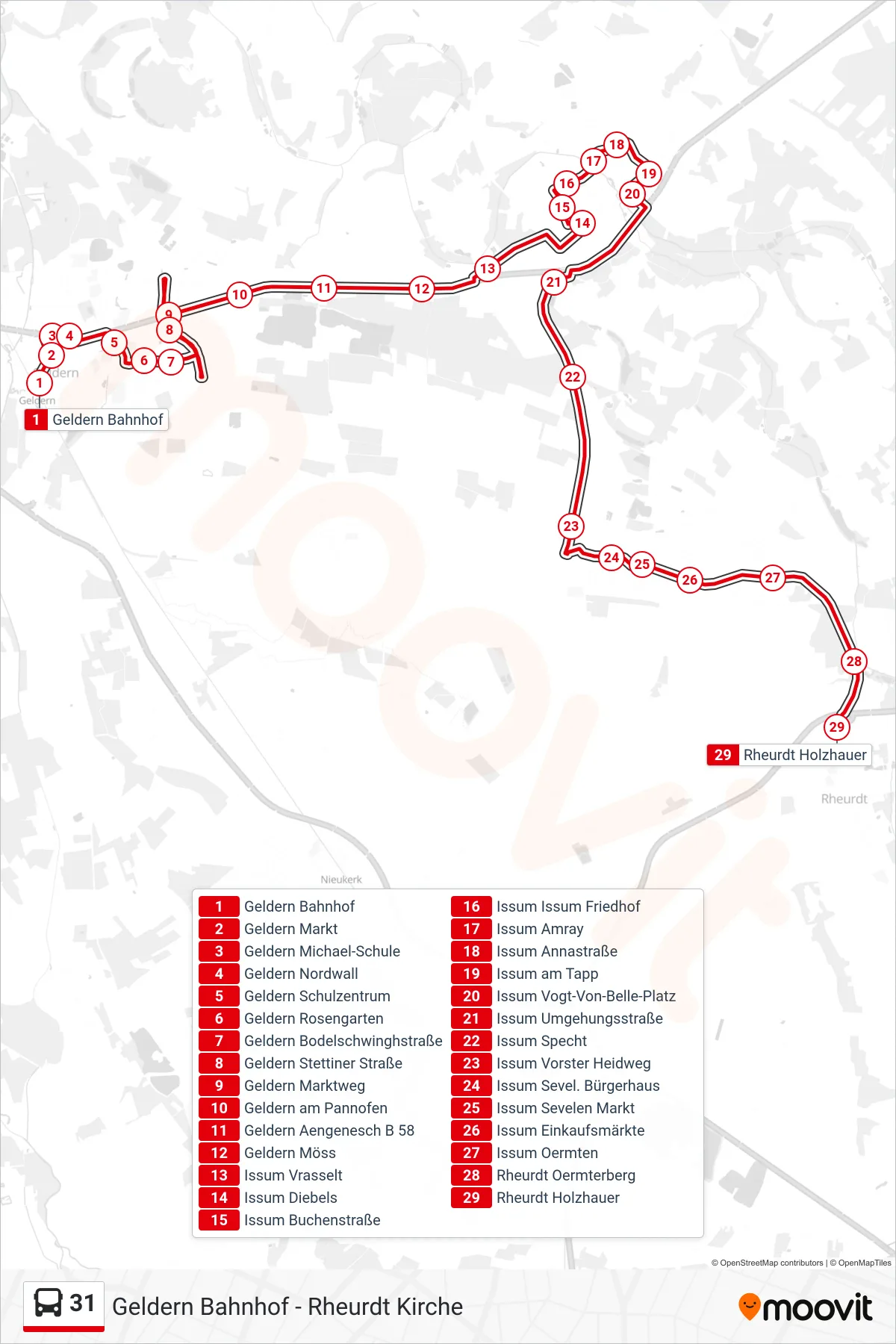 Linie 31 (Bus) Richtung Rheurdt Holzhauer: Route und Haltestellen auf der Karte