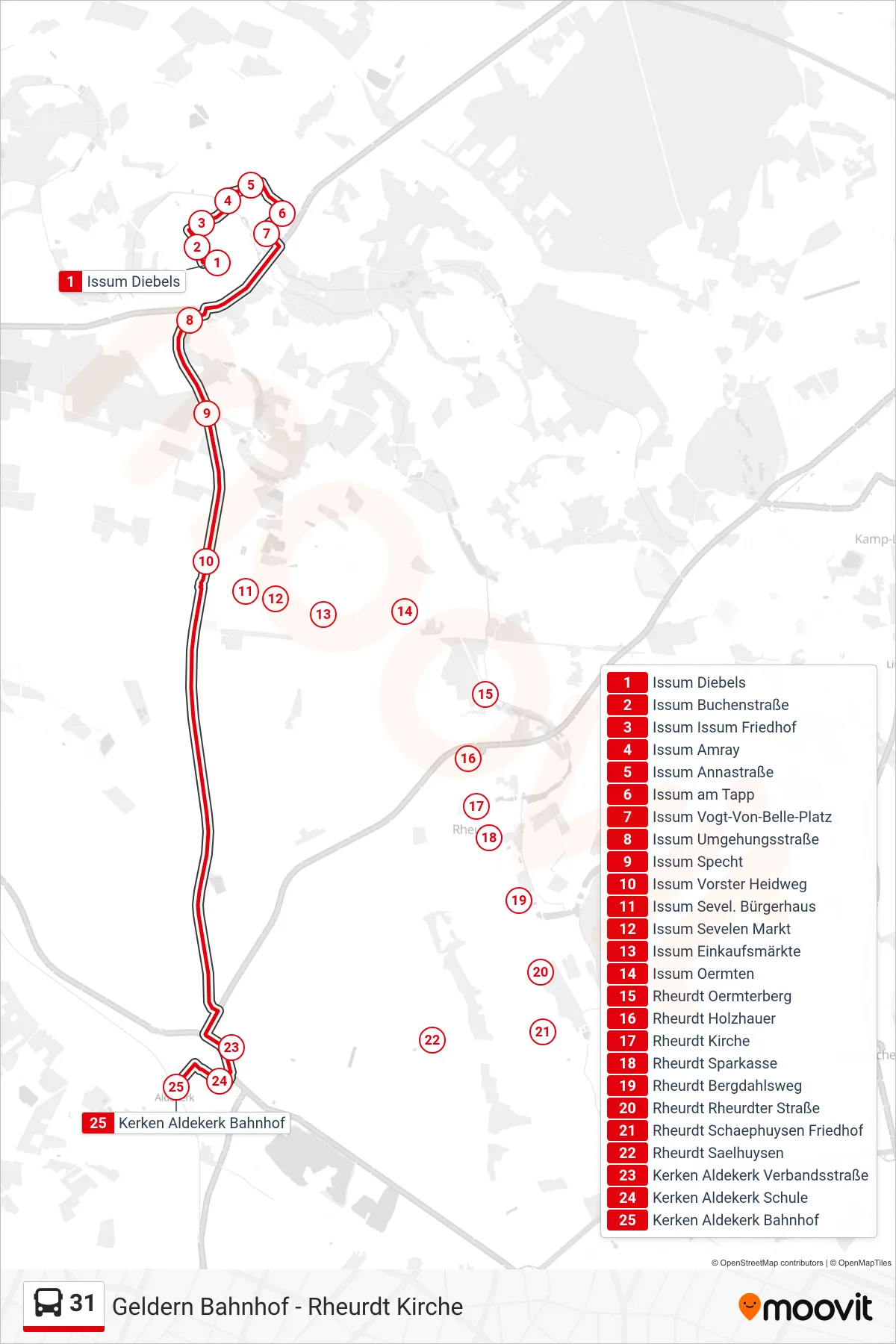 31 bus Line (Kerken Aldekerk Bahnhof) route and stops on a map