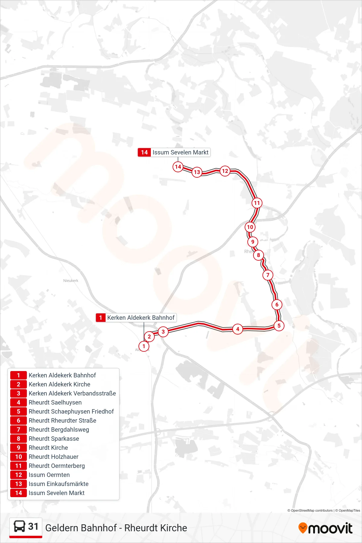 31 bus Line (Issum Sevelen Markt) route and stops on a map
