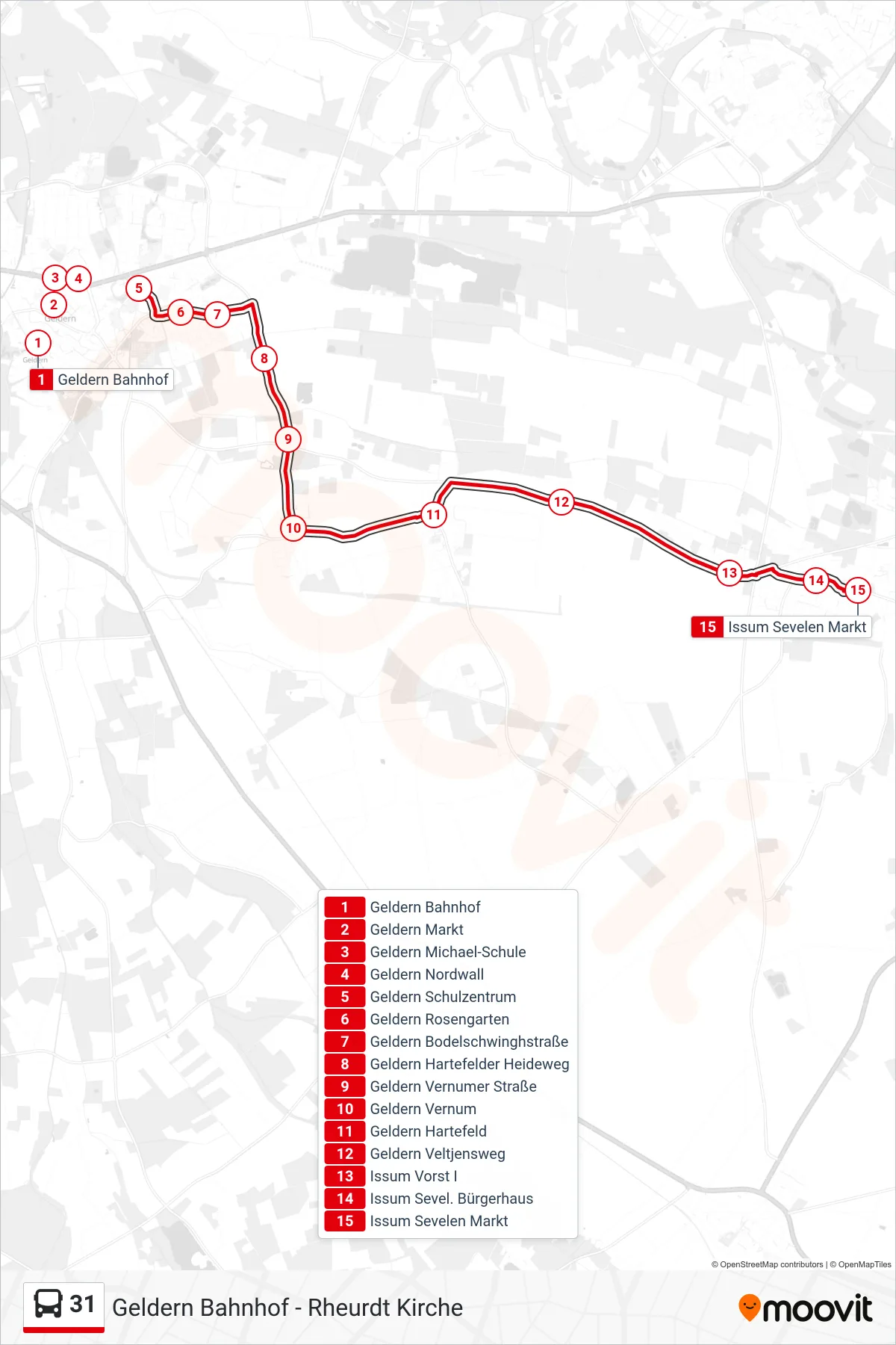 31 bus Line (Issum Sevelen Markt) route and stops on a map