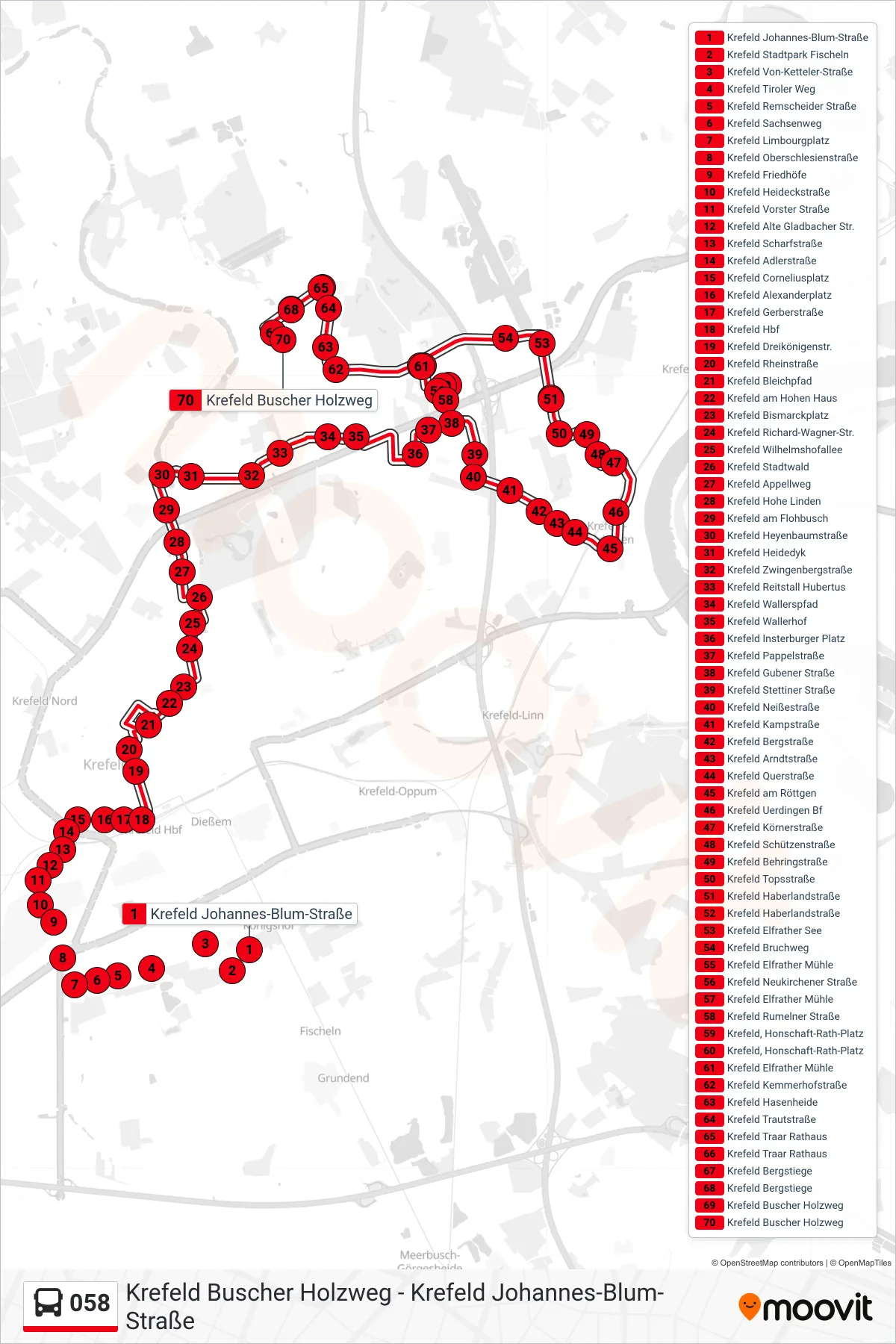 Linie 058 (Bus) Richtung Krefeld Buscher Holzweg: Route und Haltestellen auf der Karte