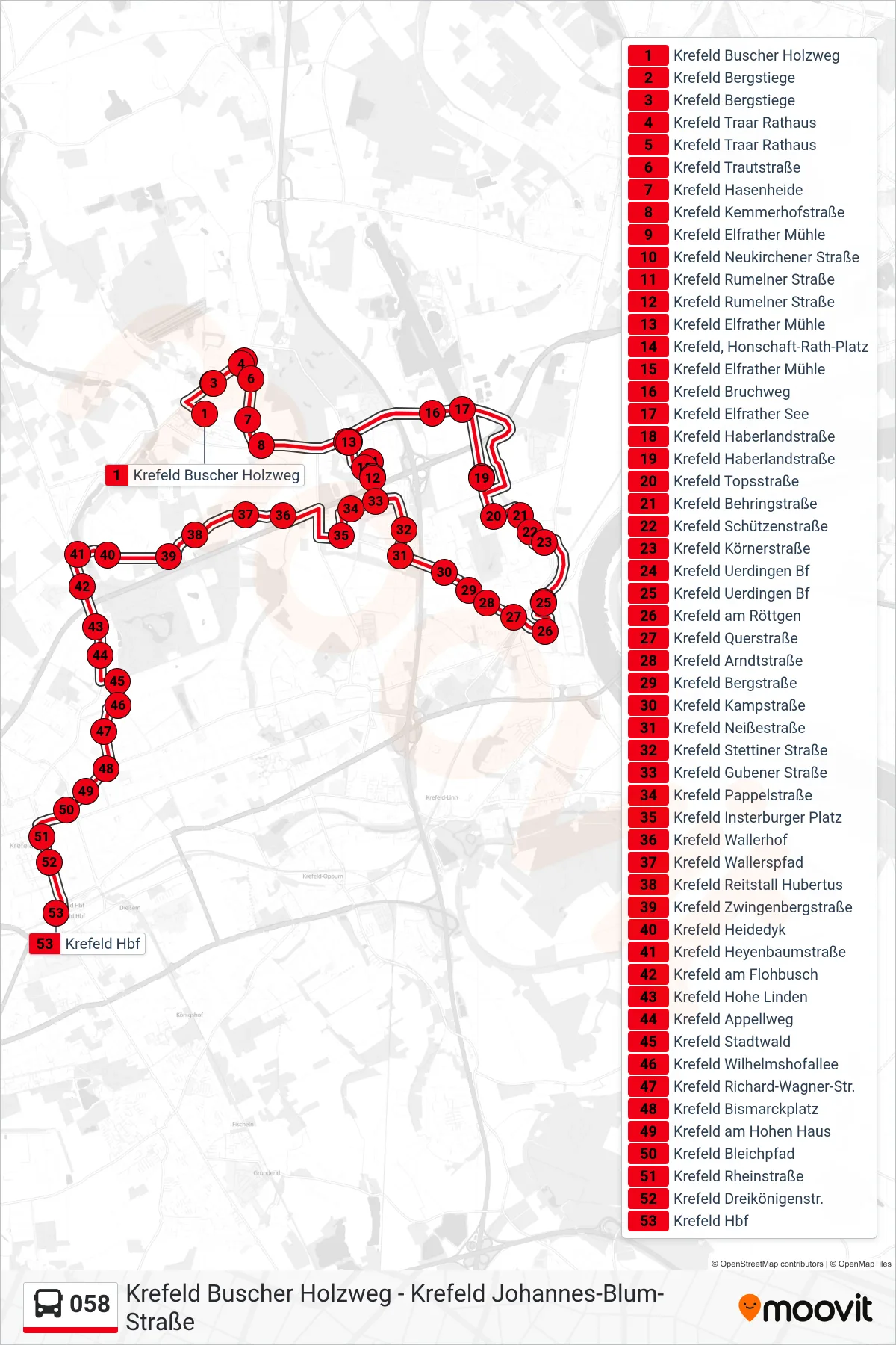 Linie 058 (Bus) Richtung Krefeld Hbf: Route und Haltestellen auf der Karte