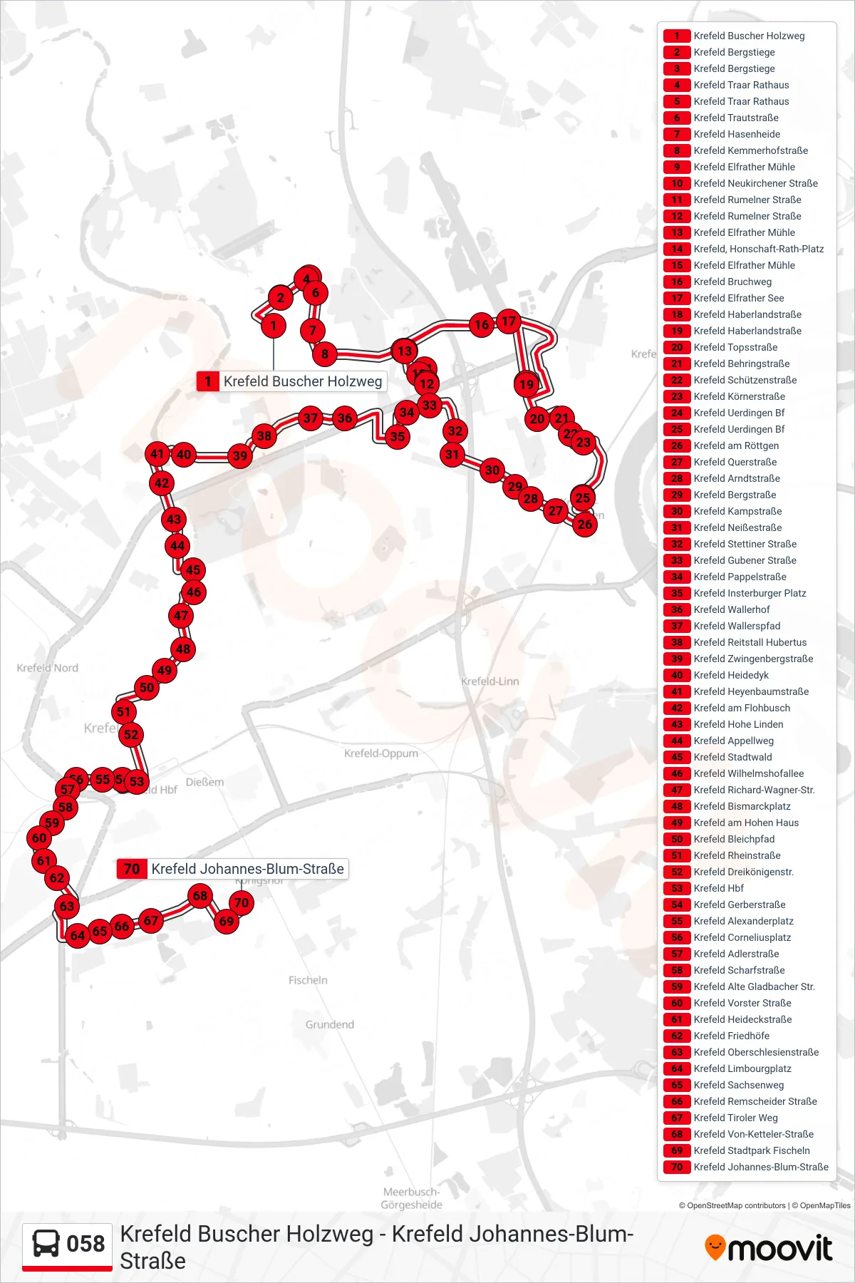 Linie 058 (Bus) Richtung Krefeld Johannes-Blum-Straße: Route und Haltestellen auf der Karte