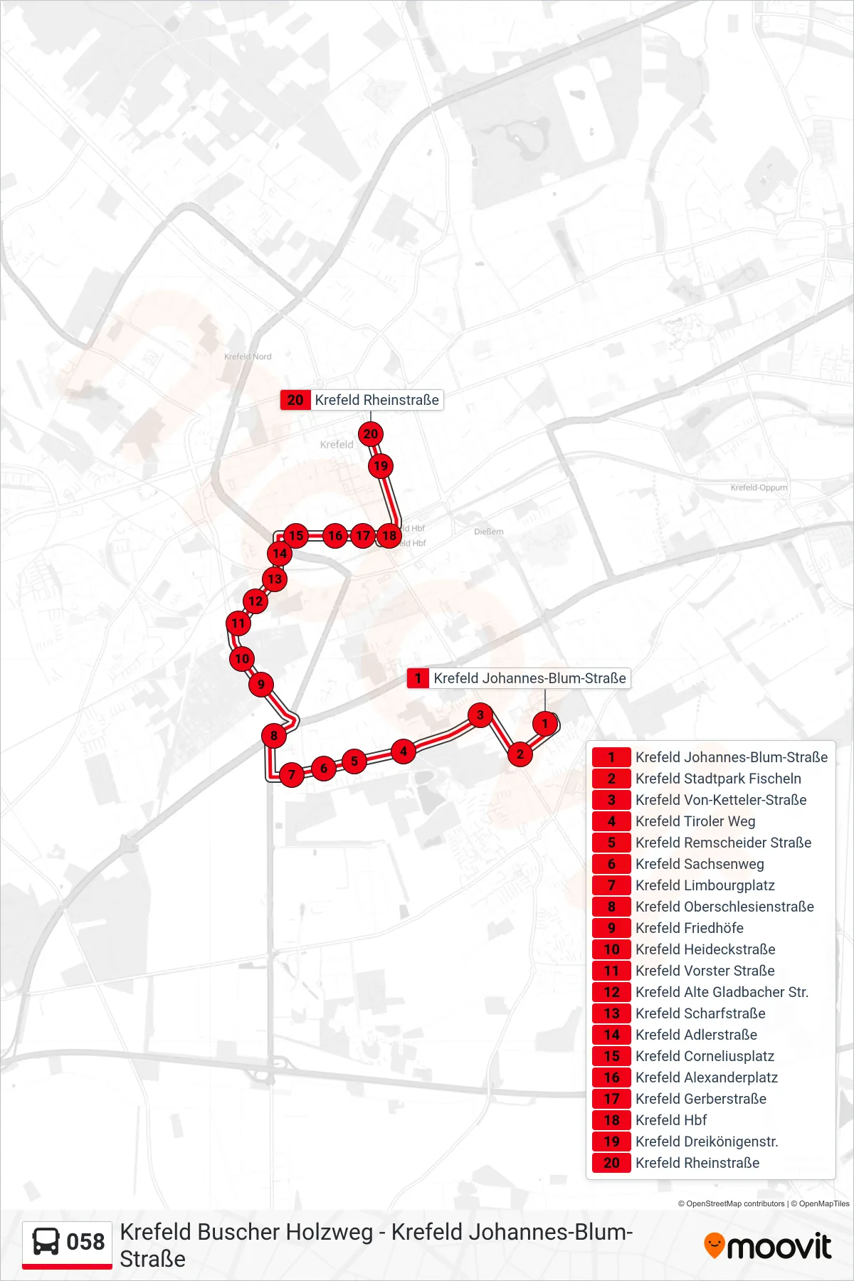 Linie 058 (Bus) Richtung Krefeld Rheinstraße: Route und Haltestellen auf der Karte