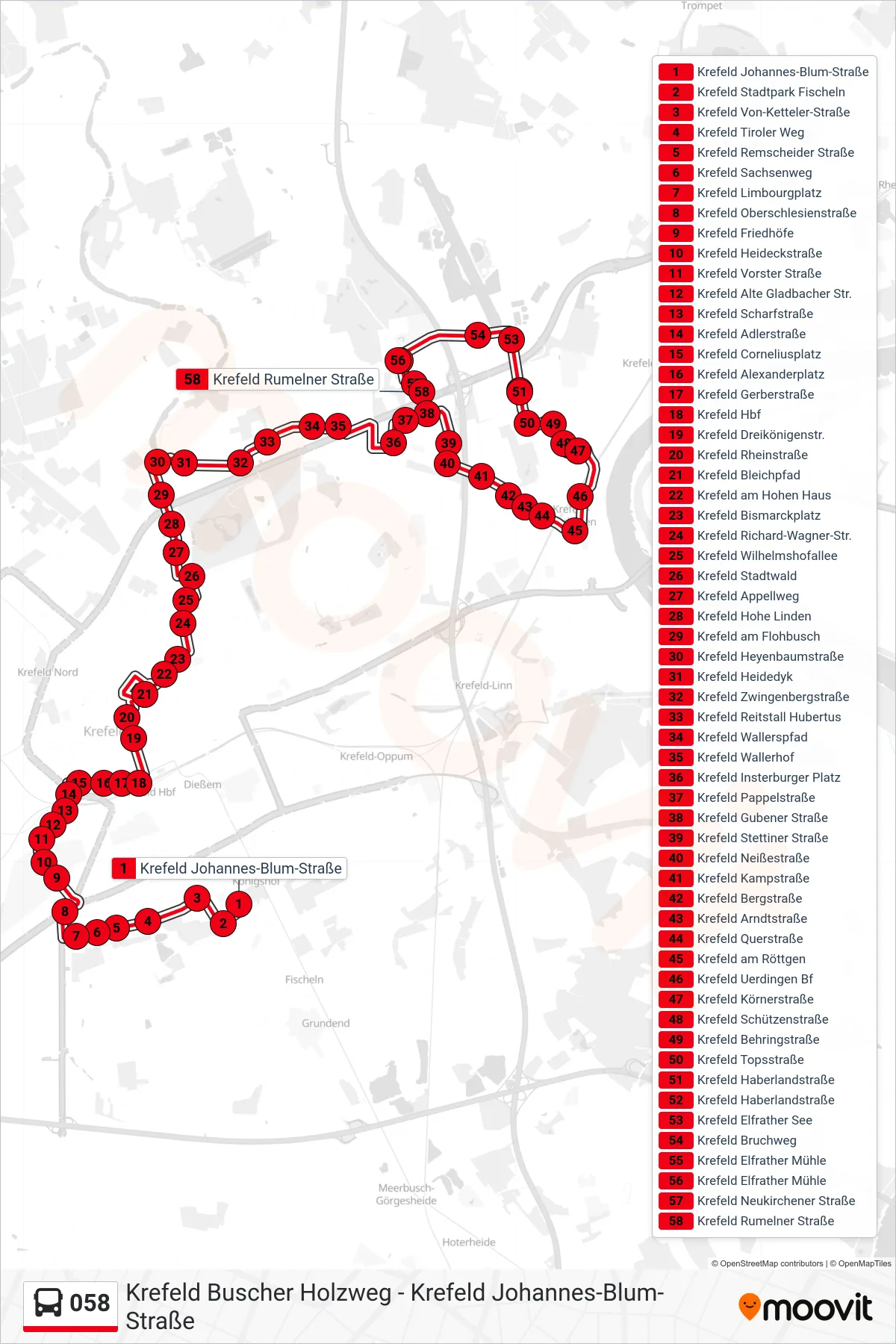 Linie 058 (Bus) Richtung Krefeld Rumelner Straße: Route und Haltestellen auf der Karte