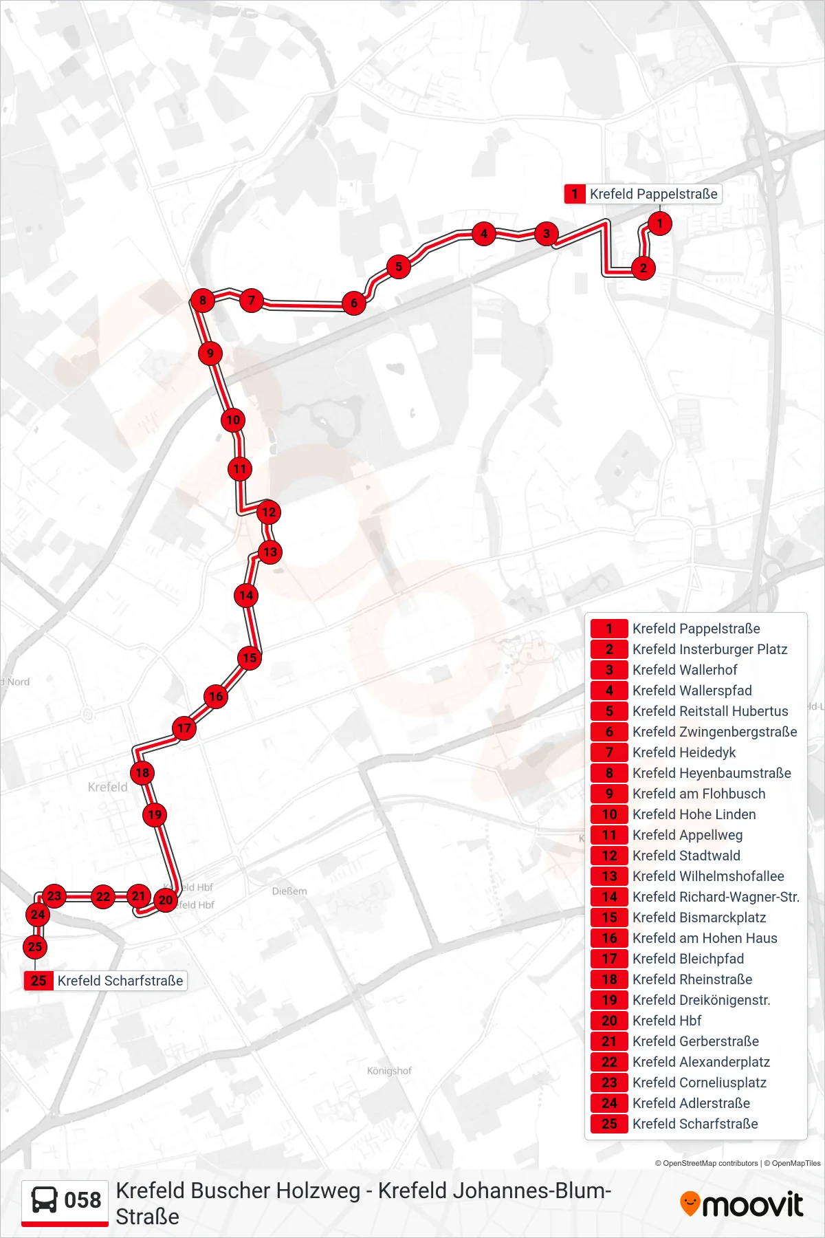 058 bus Line (Krefeld Scharfstraße) route and stops on a map