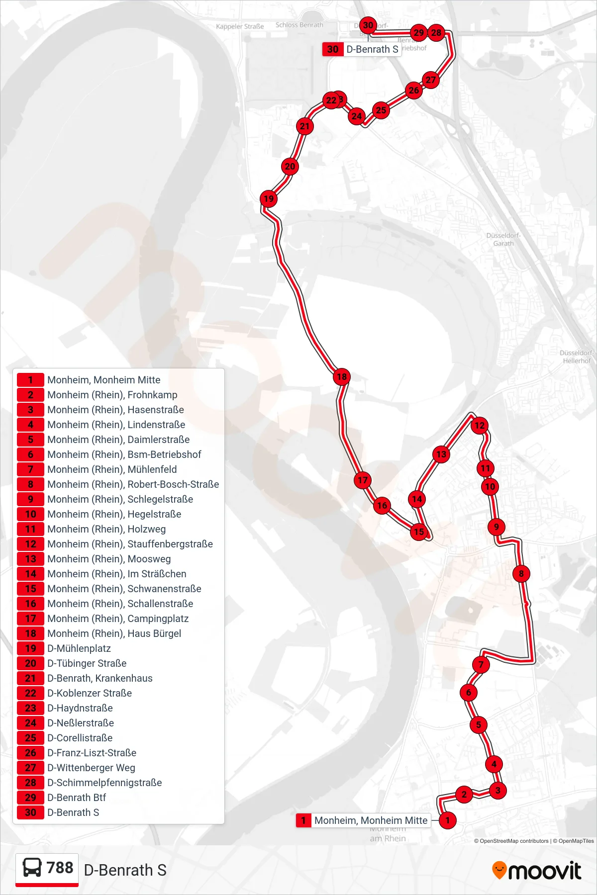 Linie 788 (Bus) Richtung D-Benrath S: Route und Haltestellen auf der Karte