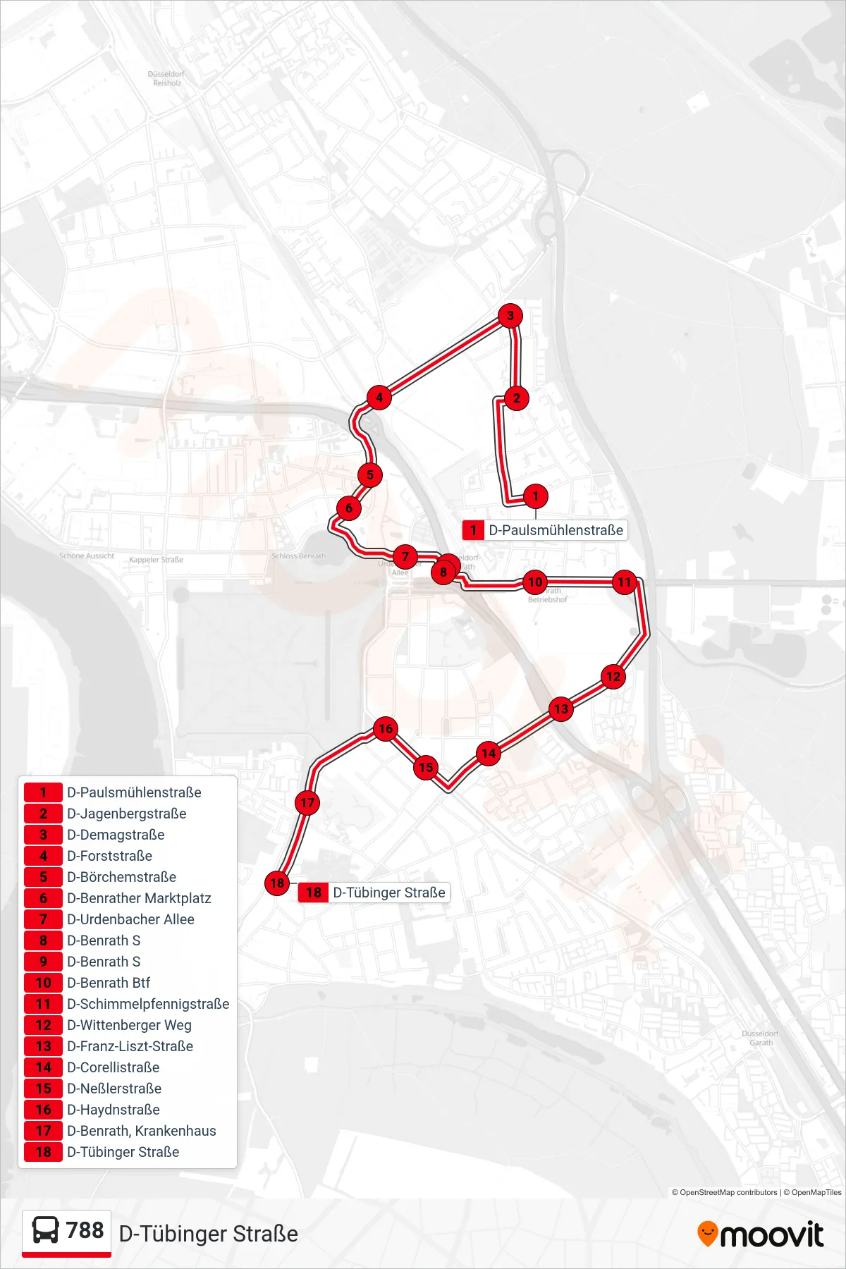 788 bus Line (D-Tübinger Straße) route and stops on a map