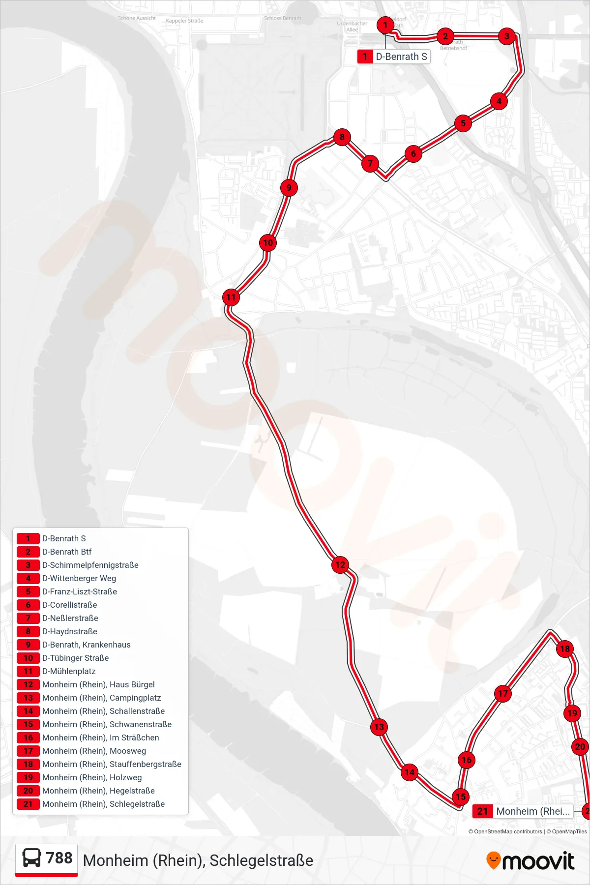 Linie 788 (Bus) Richtung Monheim (Rhein), Schlegelstraße: Route und Haltestellen auf der Karte