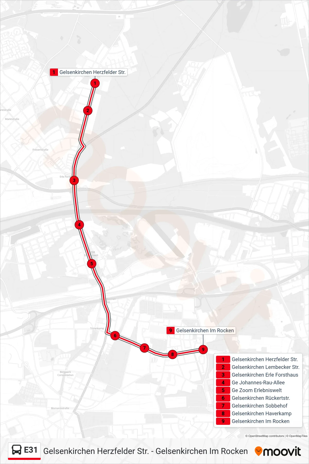 E31 bus Line (Gelsenkirchen Im Rocken) route and stops on a map