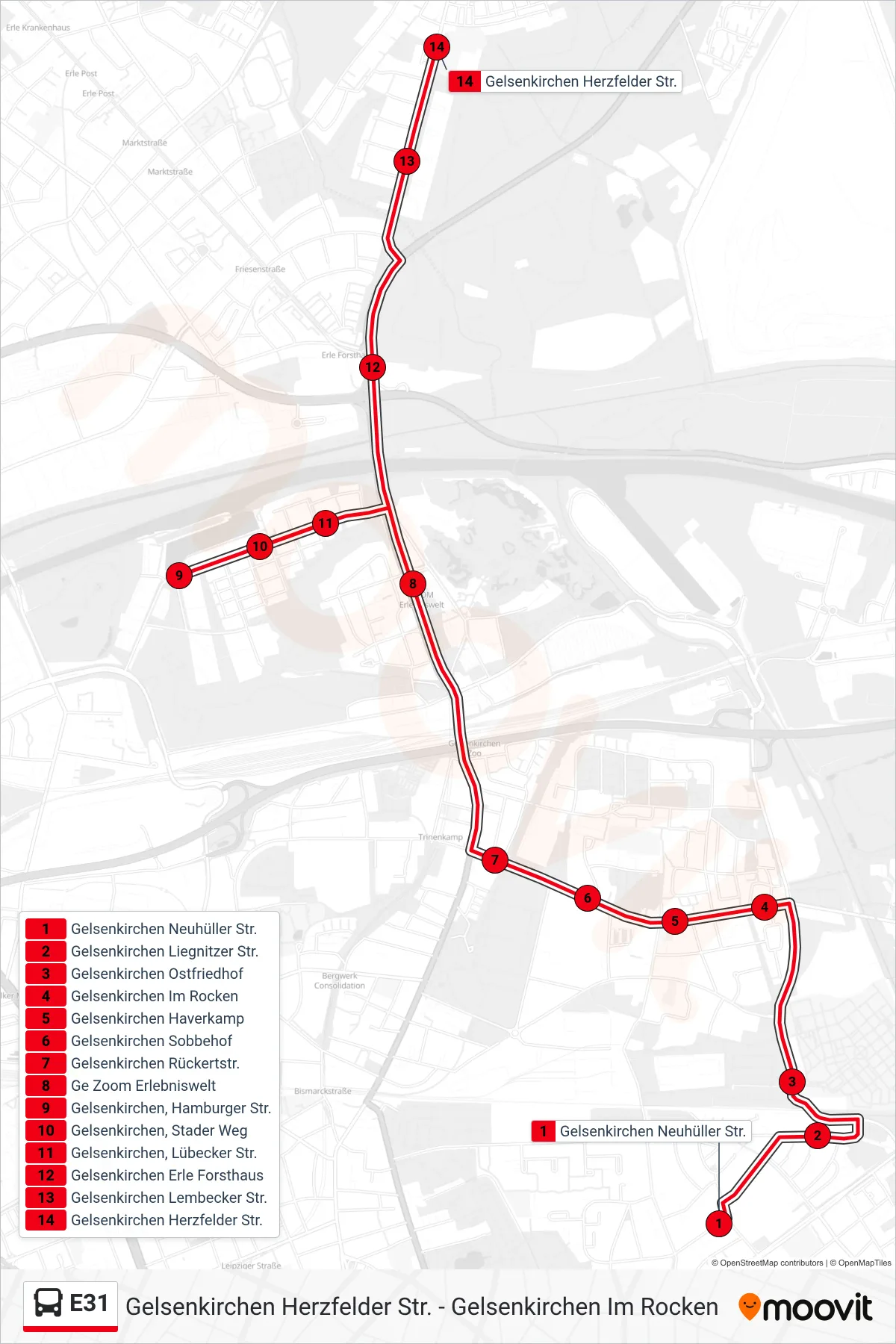 Linie E31 (Bus) Richtung Gelsenkirchen Herzfelder Str.: Route und Haltestellen auf der Karte