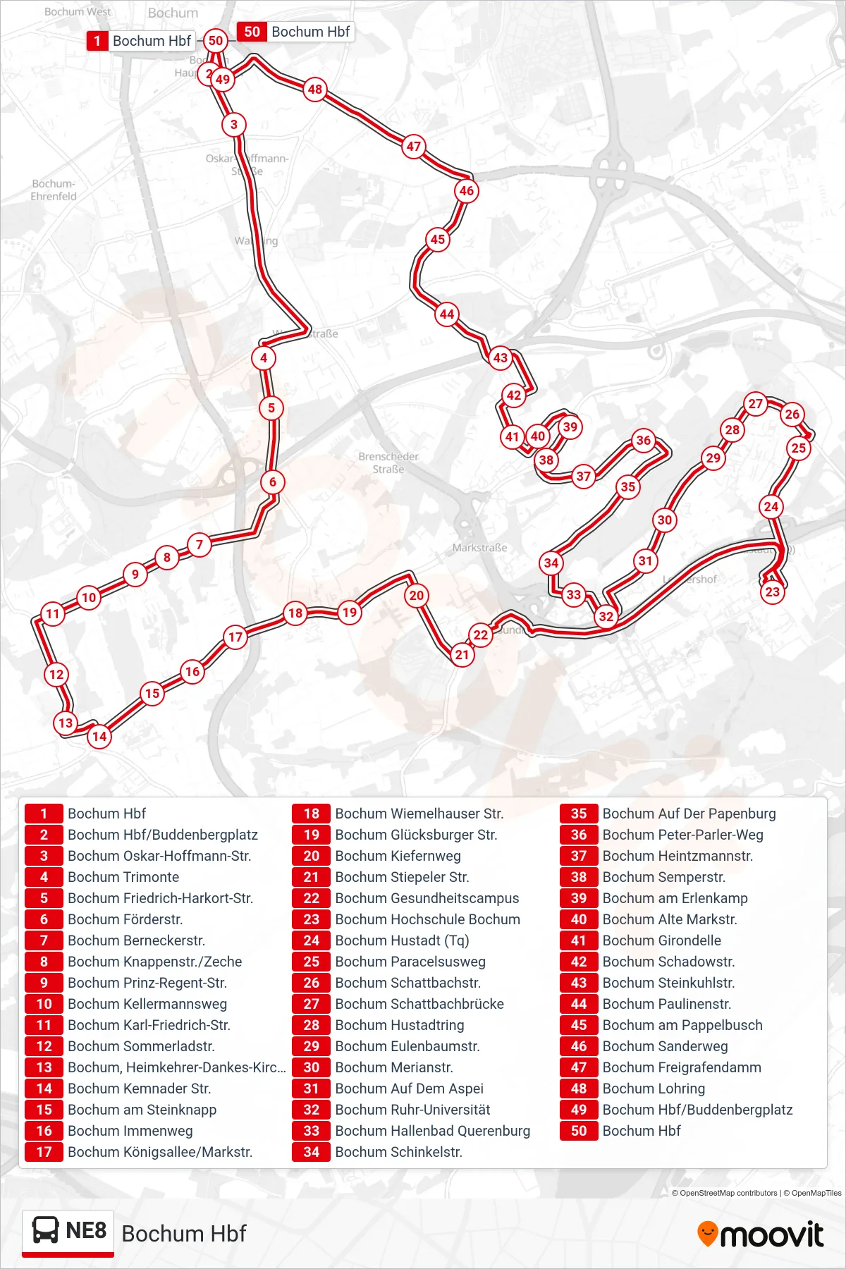 Linie NE8 (Bus) Richtung Bochum Hbf: Route und Haltestellen auf der Karte