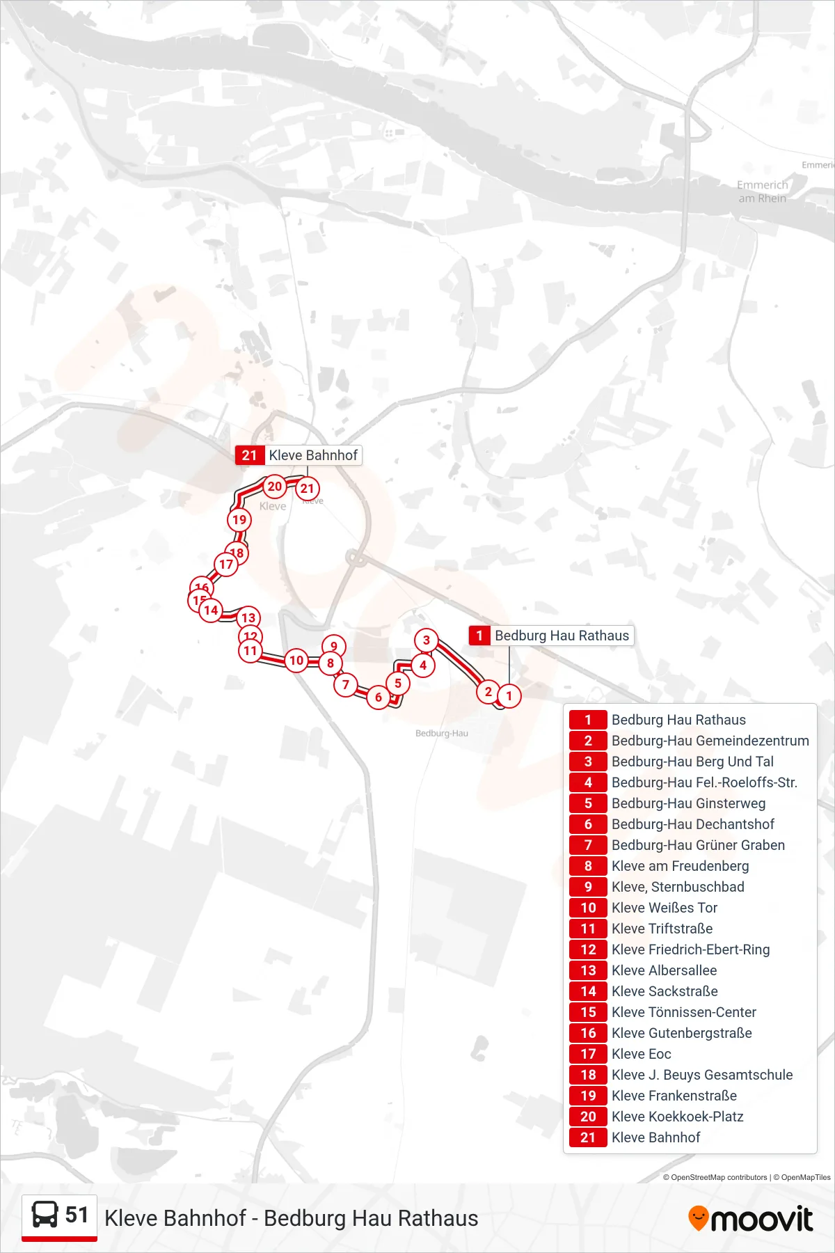 51 bus Line (Kleve Bahnhof) route and stops on a map