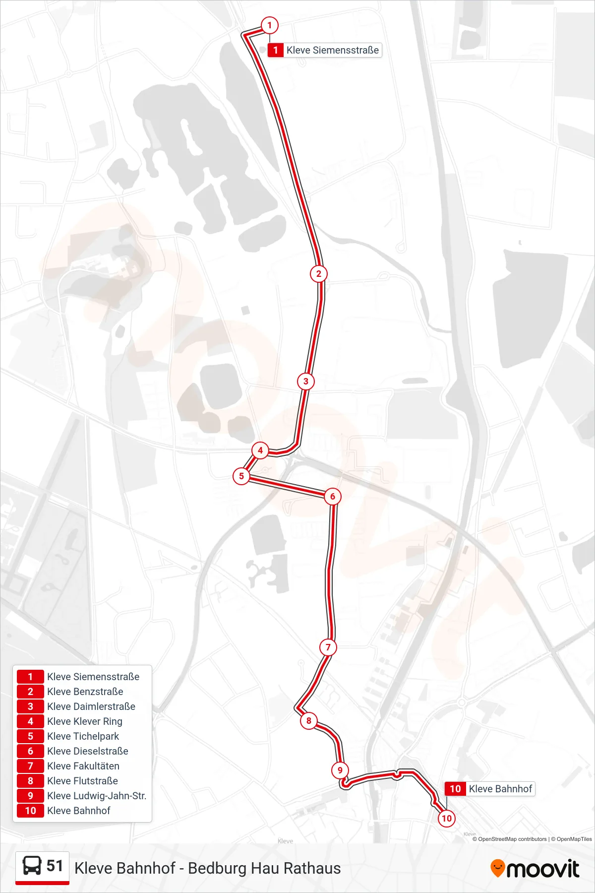 Linie 51 (Bus) Richtung Kleve Bahnhof: Route und Haltestellen auf der Karte