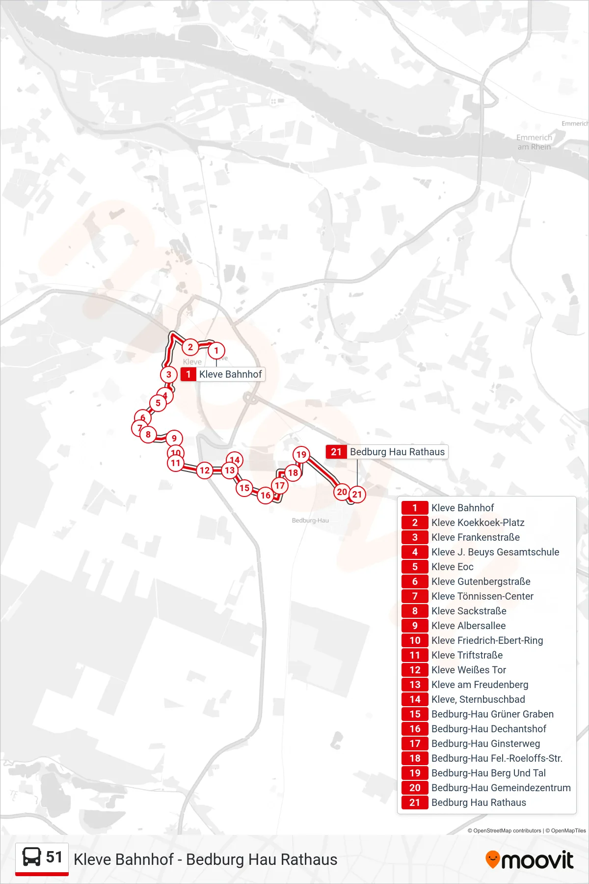 Linie 51 (Bus) Richtung Bedburg Hau Rathaus: Route und Haltestellen auf der Karte
