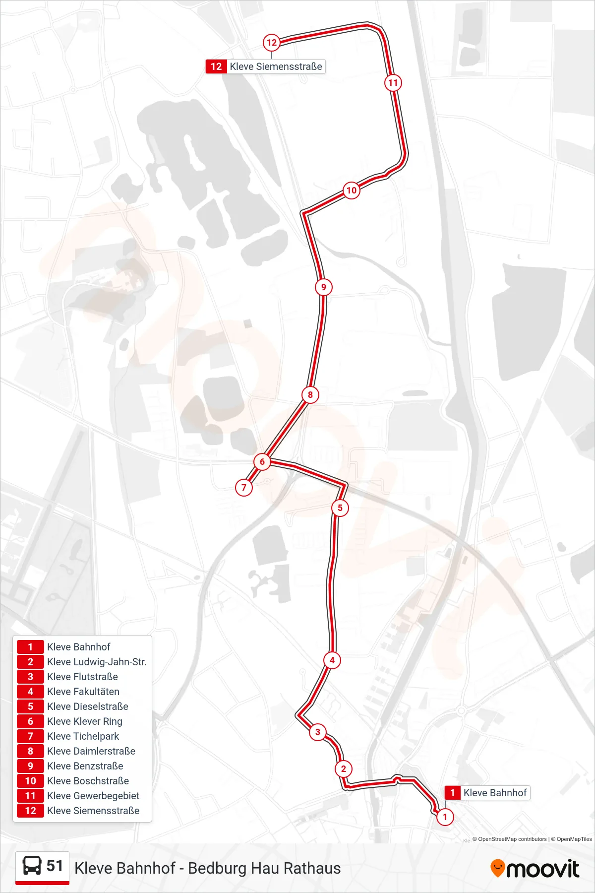 51 bus Line (Kleve Siemensstraße) route and stops on a map