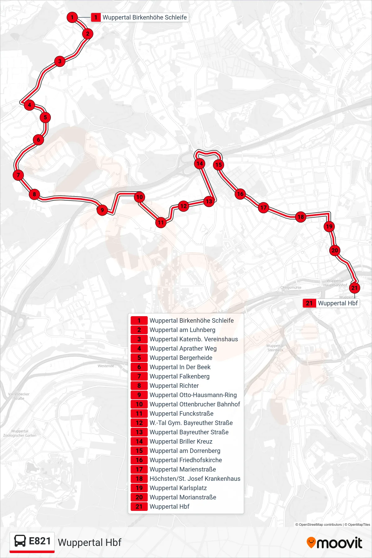Linie E821 (Bus) Richtung Wuppertal Hbf: Route und Haltestellen auf der Karte