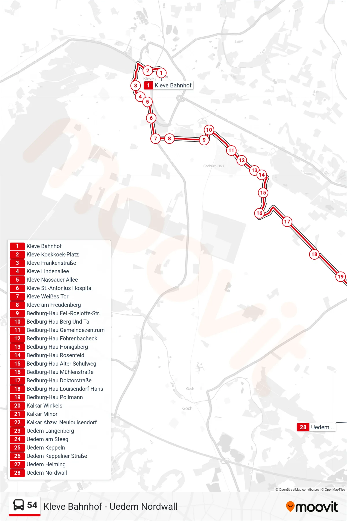 54 bus Line (Uedem Nordwall) route and stops on a map