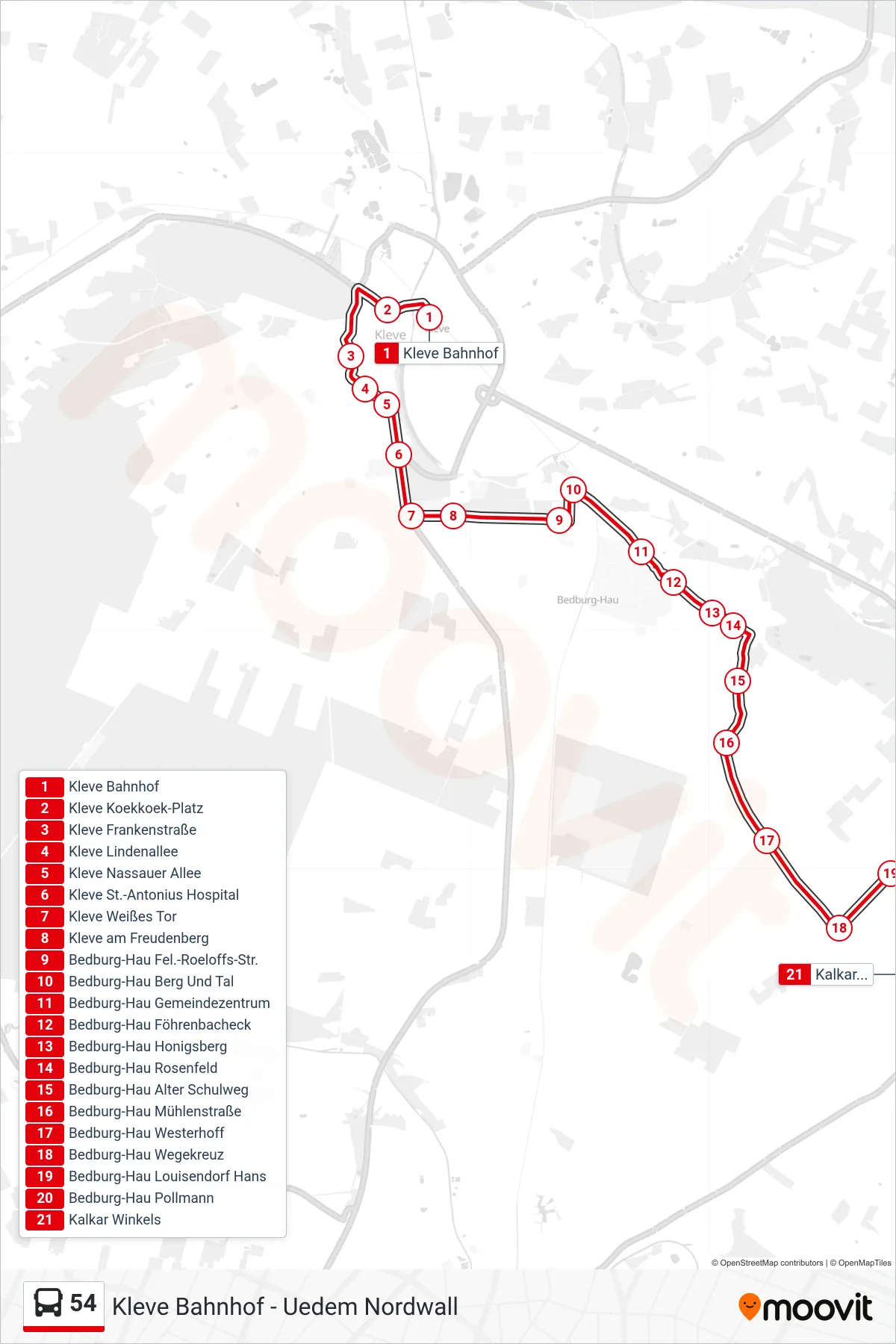 Linie 54 (Bus) Richtung Kalkar Winkels: Route und Haltestellen auf der Karte