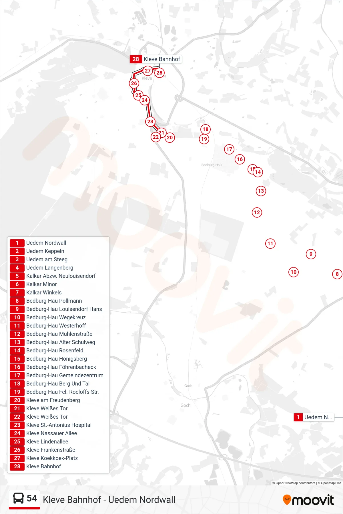 Linie 54 (Bus) Richtung Kleve Bahnhof: Route und Haltestellen auf der Karte
