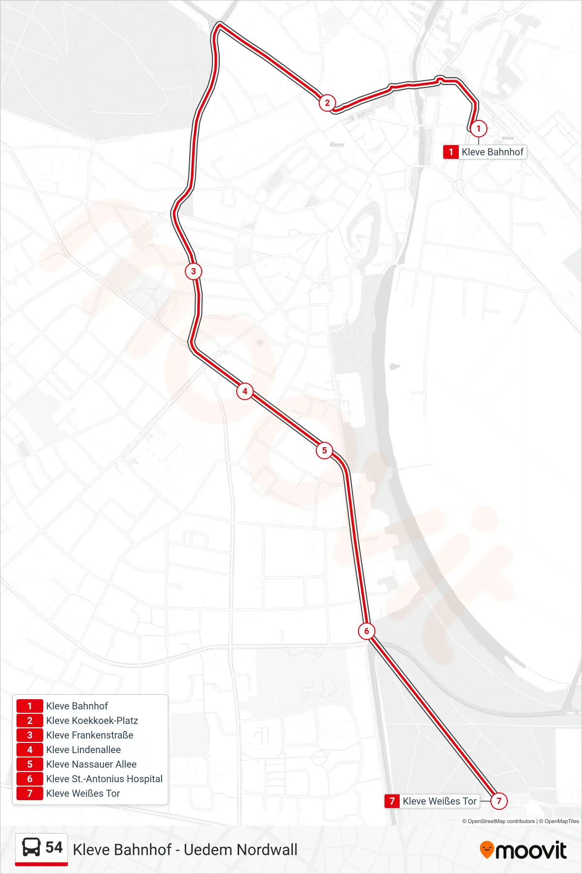 Linie 54 (Bus) Richtung Kleve Weißes Tor: Route und Haltestellen auf der Karte