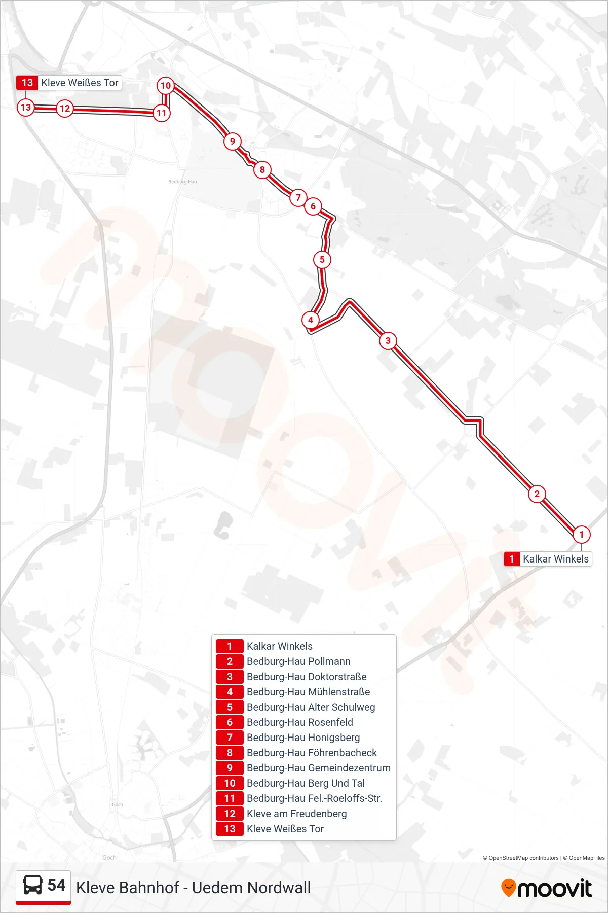 54 bus Line (Kleve Weißes Tor) route and stops on a map