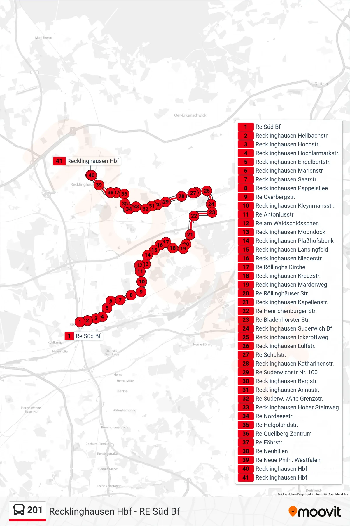 201 bus Line (Recklinghausen Hbf) route and stops on a map