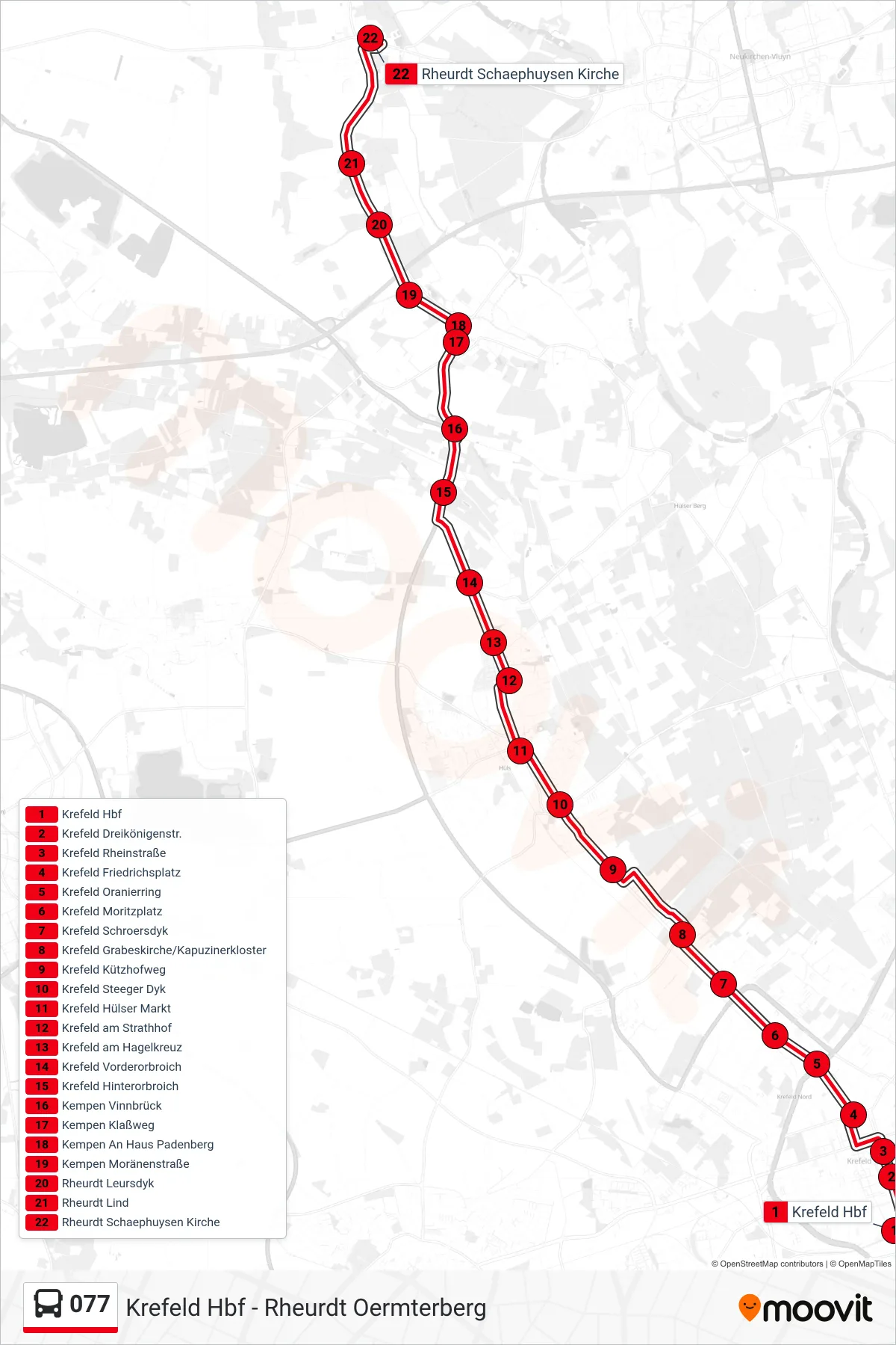 Linie 077 (Bus) Richtung Rheurdt Schaephuysen Kirche: Route und Haltestellen auf der Karte