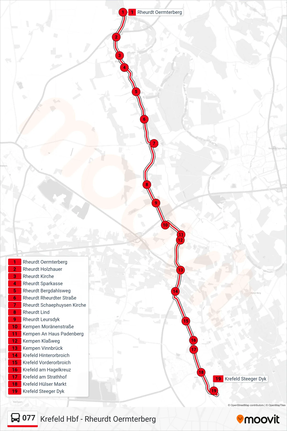 077 bus Line (Krefeld Steeger Dyk) route and stops on a map