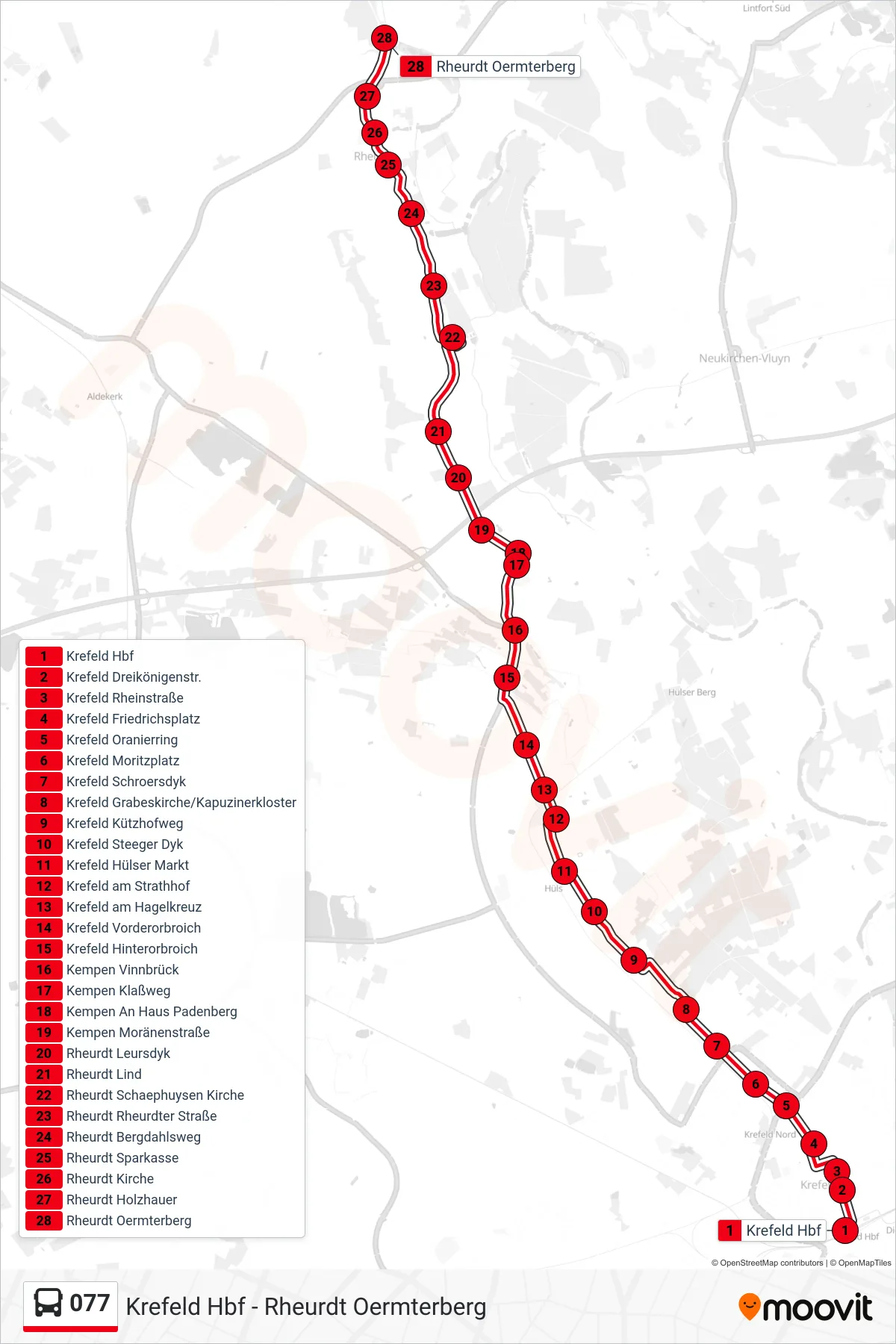 Linie 077 (Bus) Richtung Rheurdt Oermterberg: Route und Haltestellen auf der Karte