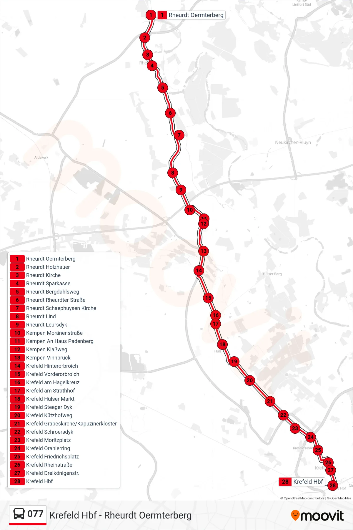 077 bus Line (Krefeld Hbf) route and stops on a map