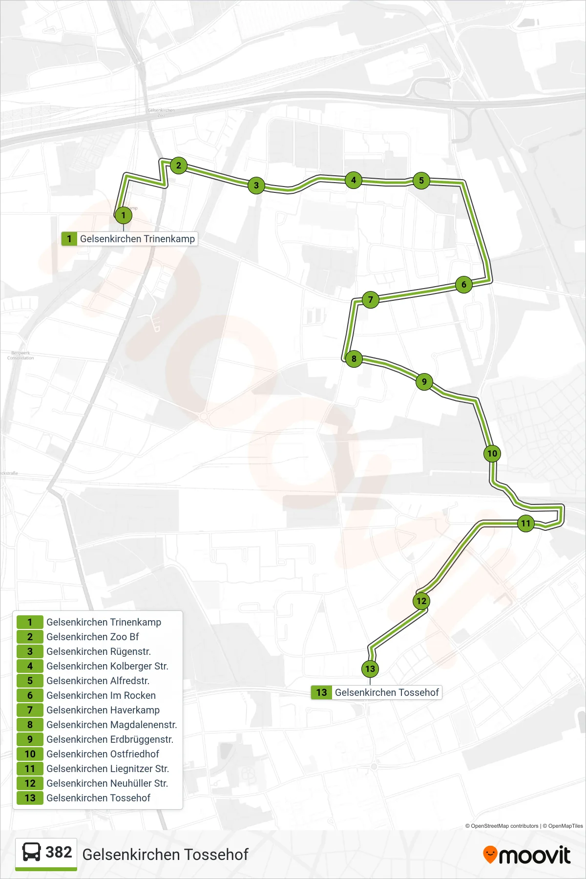 Linie 382 (Bus) Richtung Gelsenkirchen Tossehof: Route und Haltestellen auf der Karte