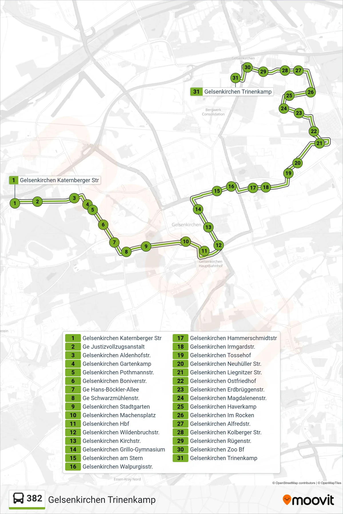 382 bus Line (Gelsenkirchen Trinenkamp) route and stops on a map