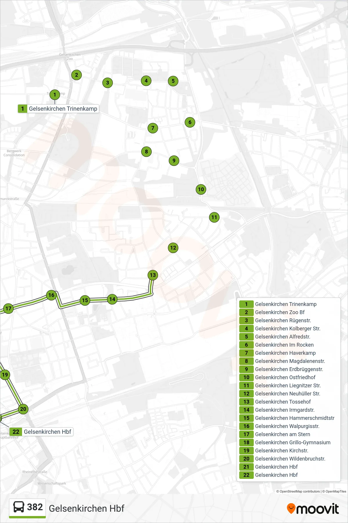 382 bus Line (Gelsenkirchen Hbf) route and stops on a map