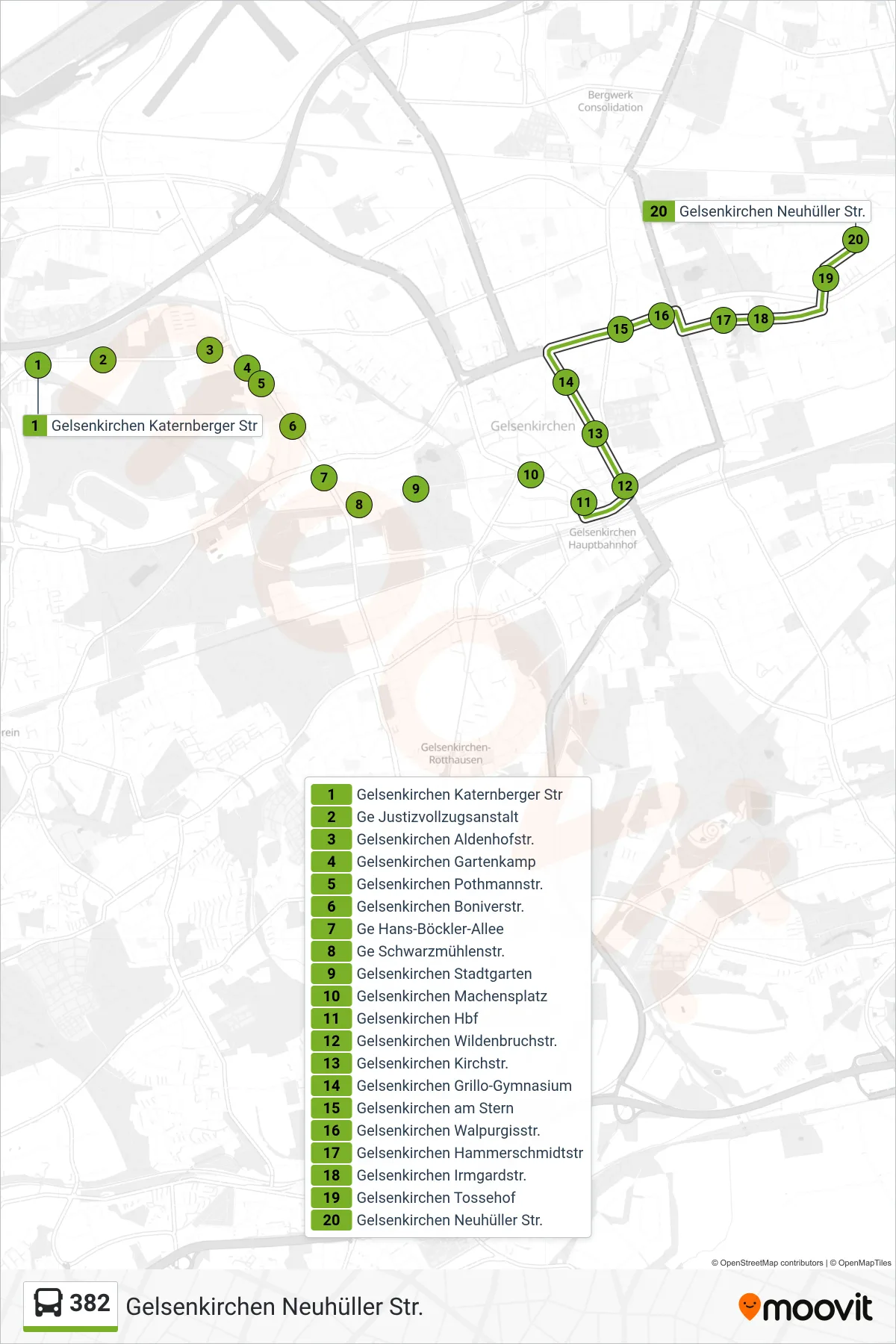 Linie 382 (Bus) Richtung Gelsenkirchen Neuhüller Str.: Route und Haltestellen auf der Karte