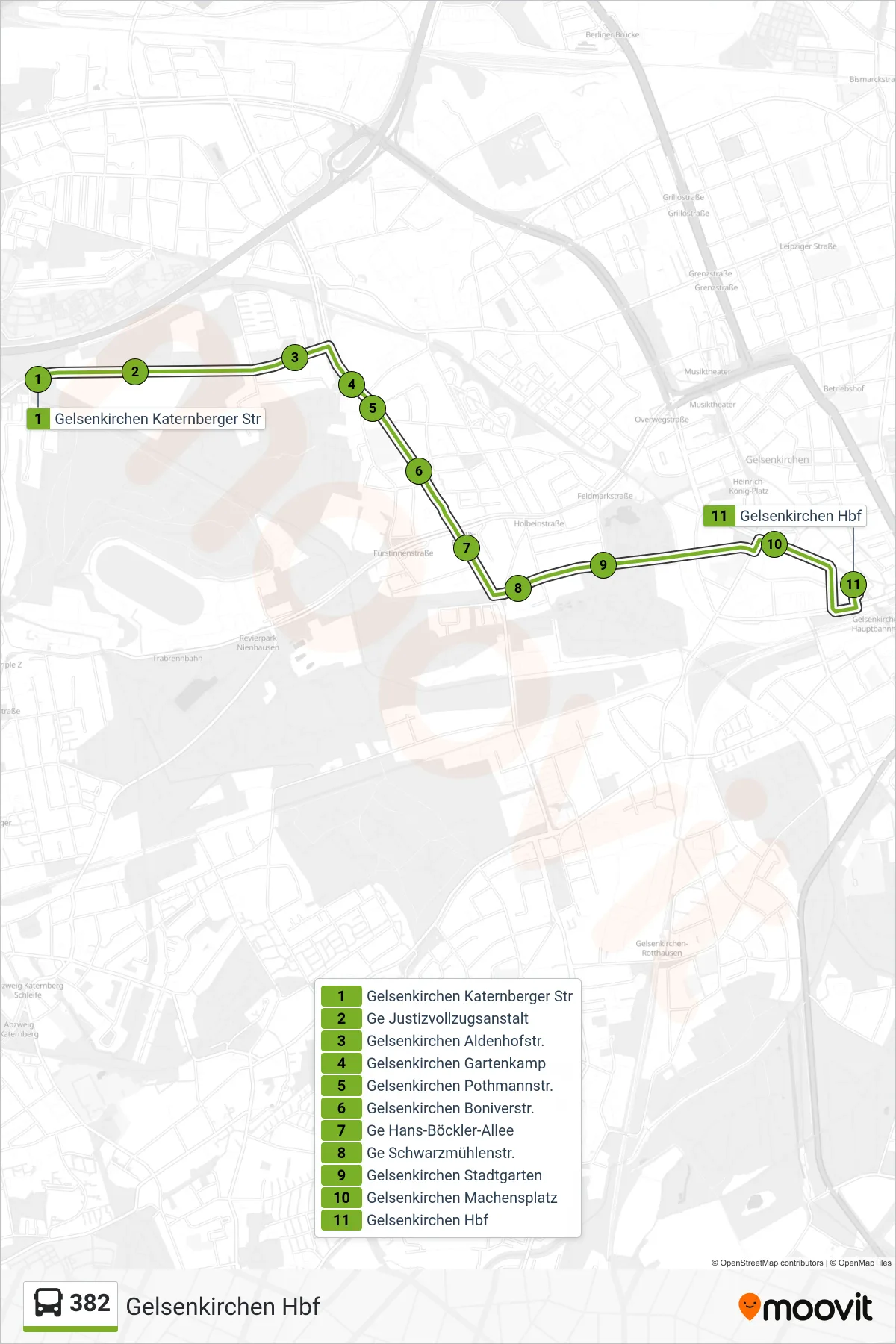 Linie 382 (Bus) Richtung Gelsenkirchen Hbf: Route und Haltestellen auf der Karte