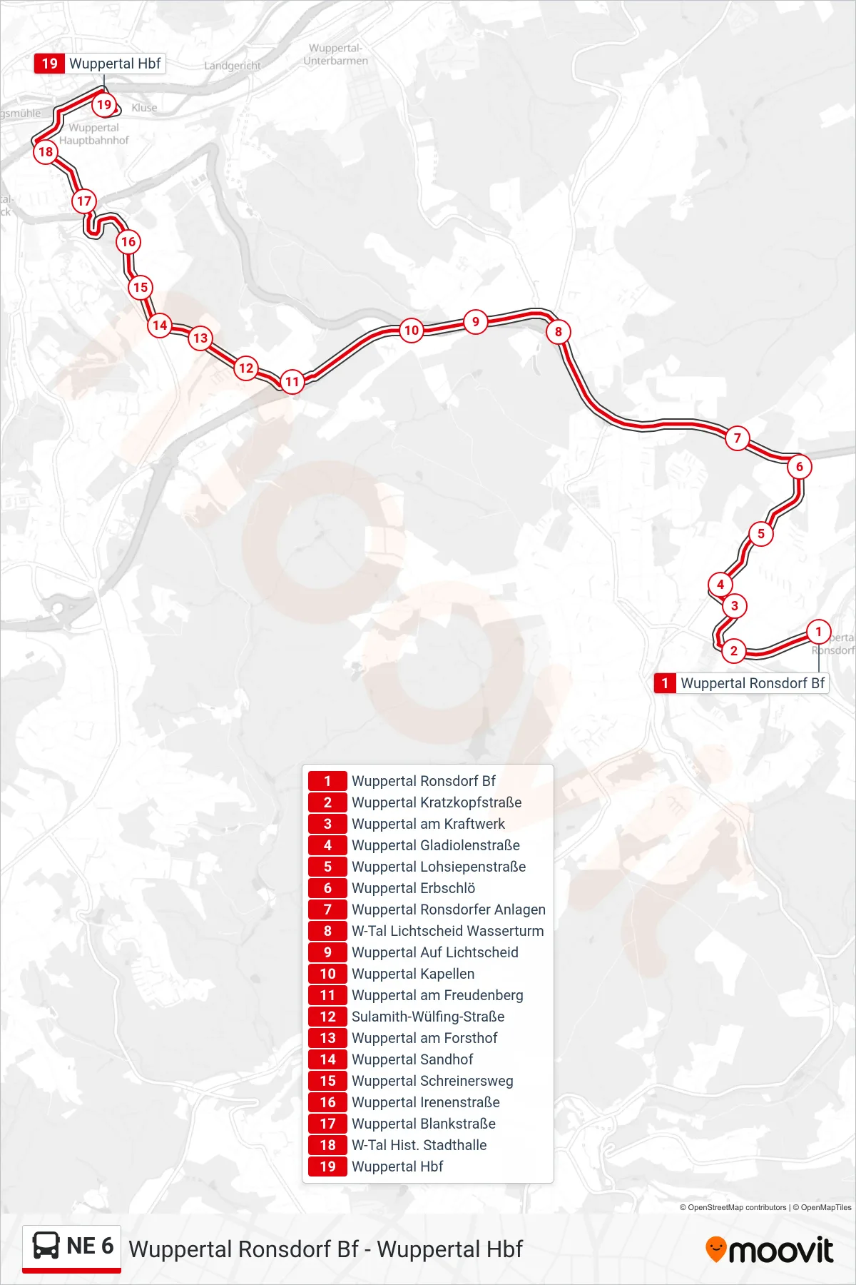 Linie NE 6 (Bus) Richtung Wuppertal Hbf: Route und Haltestellen auf der Karte