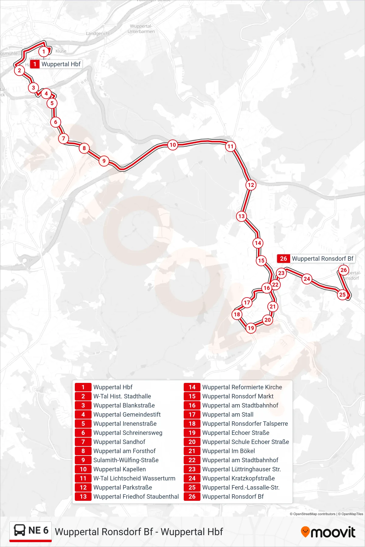 Linie NE 6 (Bus) Richtung Wuppertal Ronsdorf Bf: Route und Haltestellen auf der Karte