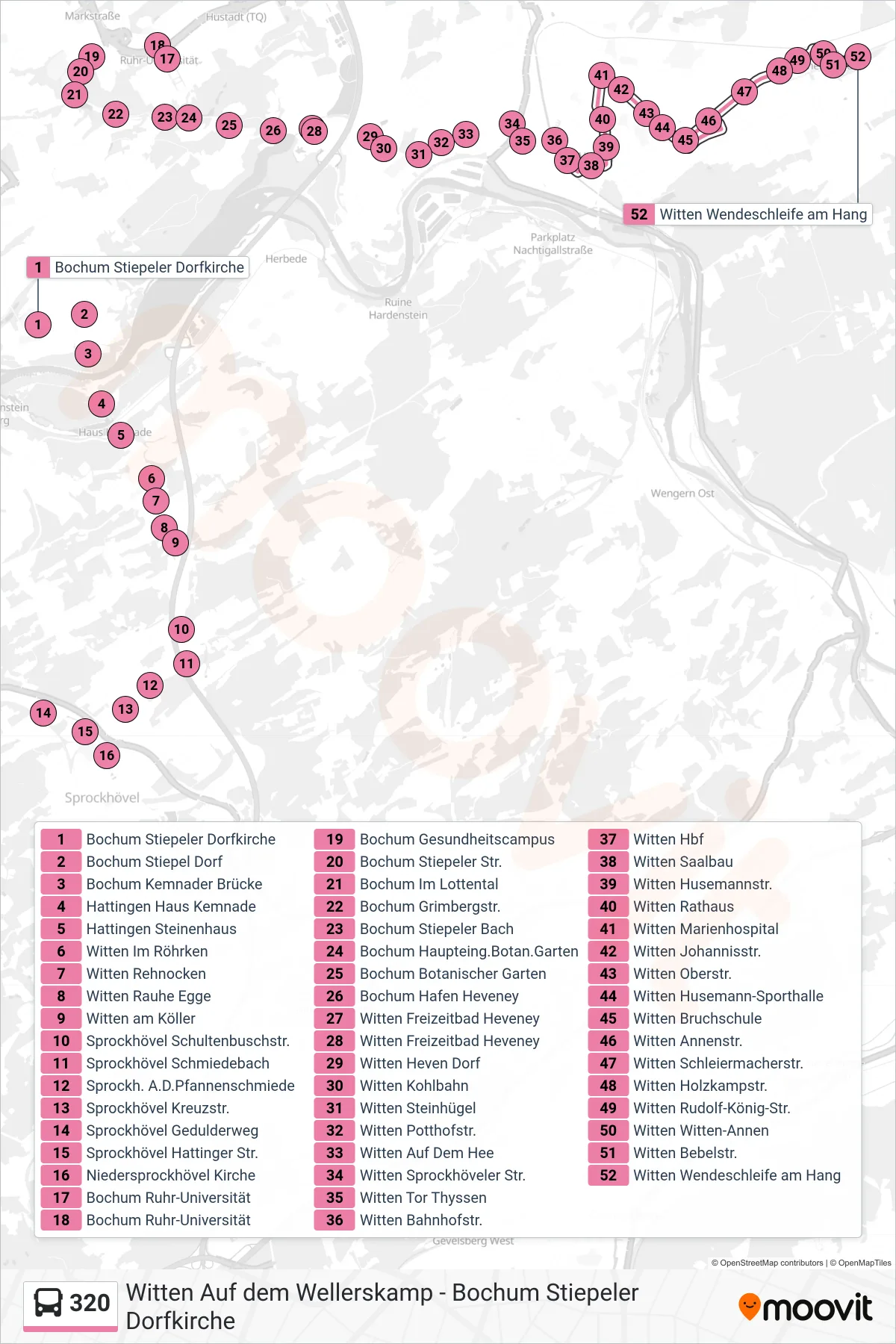 Linie 320 (Bus) Richtung Witten Wendeschleife am Hang: Route und Haltestellen auf der Karte