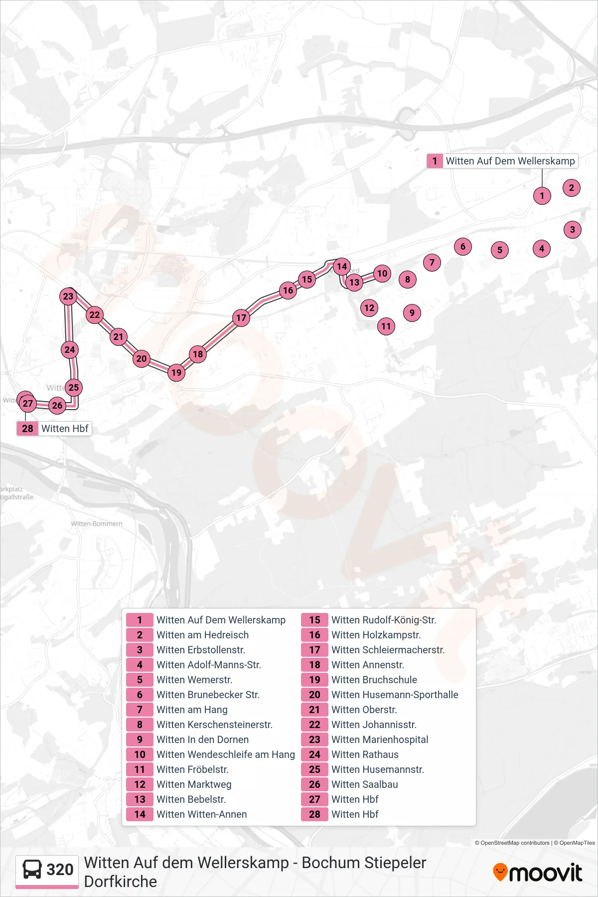 Linie 320 (Bus) Richtung Witten Hbf: Route und Haltestellen auf der Karte
