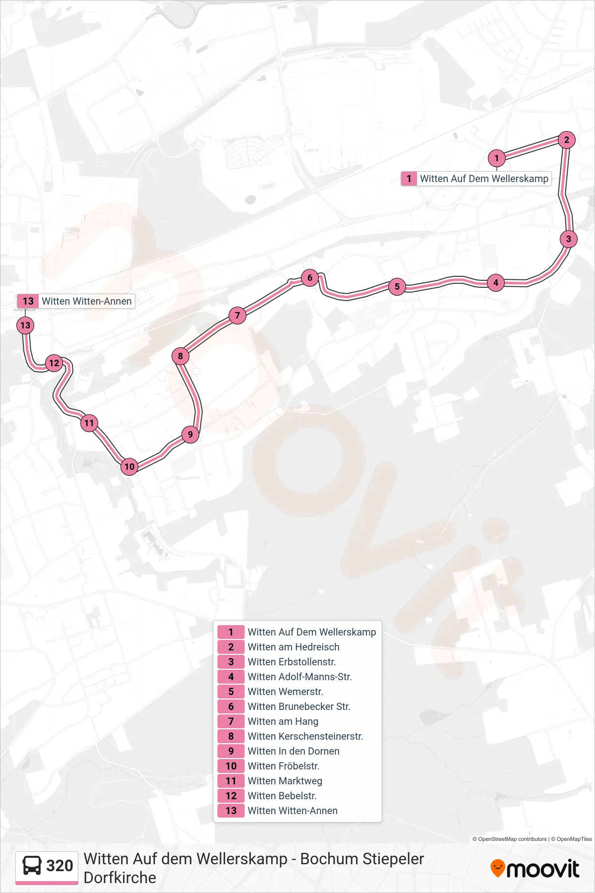 Linie 320 (Bus) Richtung Witten Witten-Annen: Route und Haltestellen auf der Karte