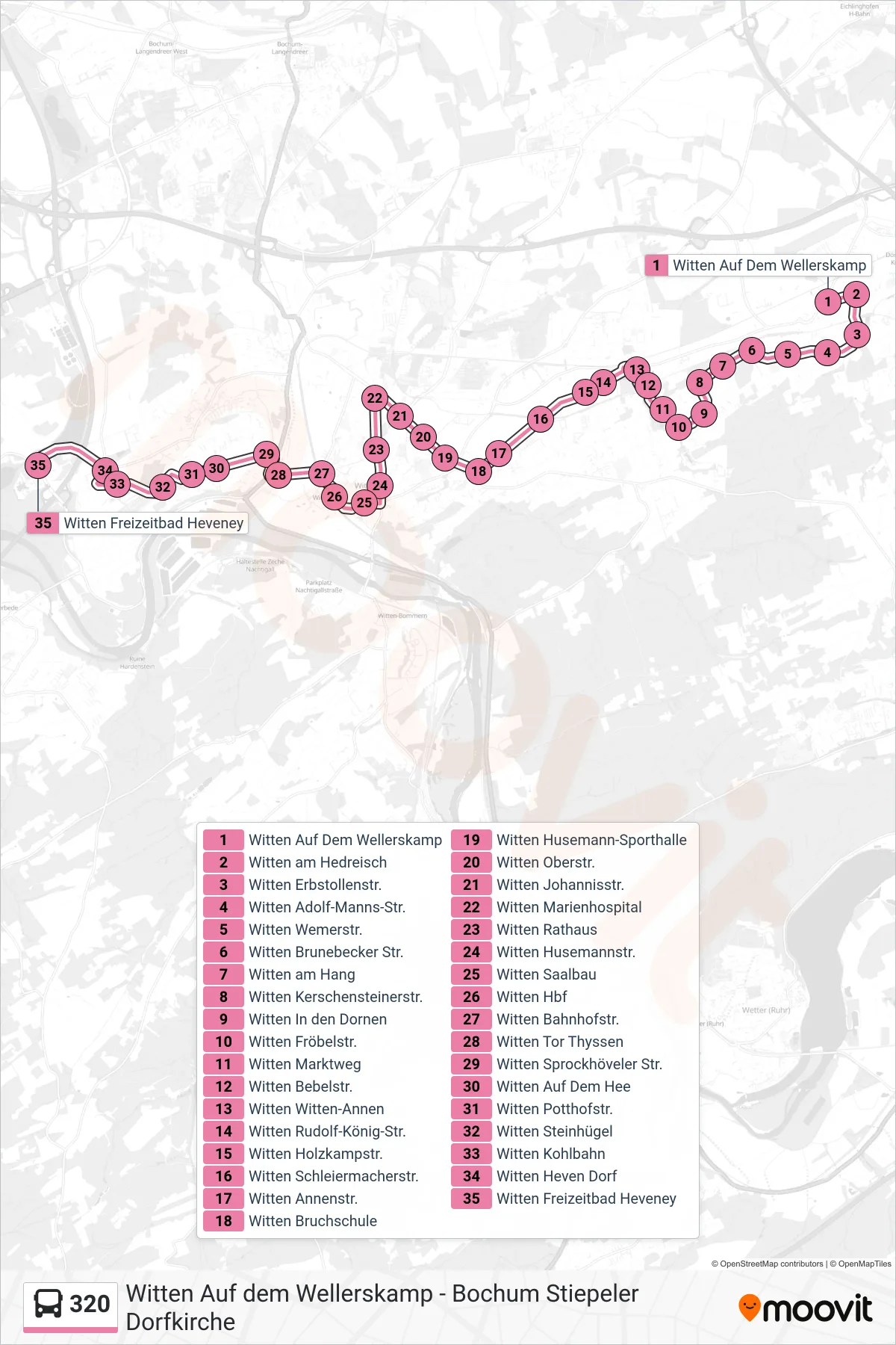 Linie 320 (Bus) Richtung Witten Freizeitbad Heveney: Route und Haltestellen auf der Karte
