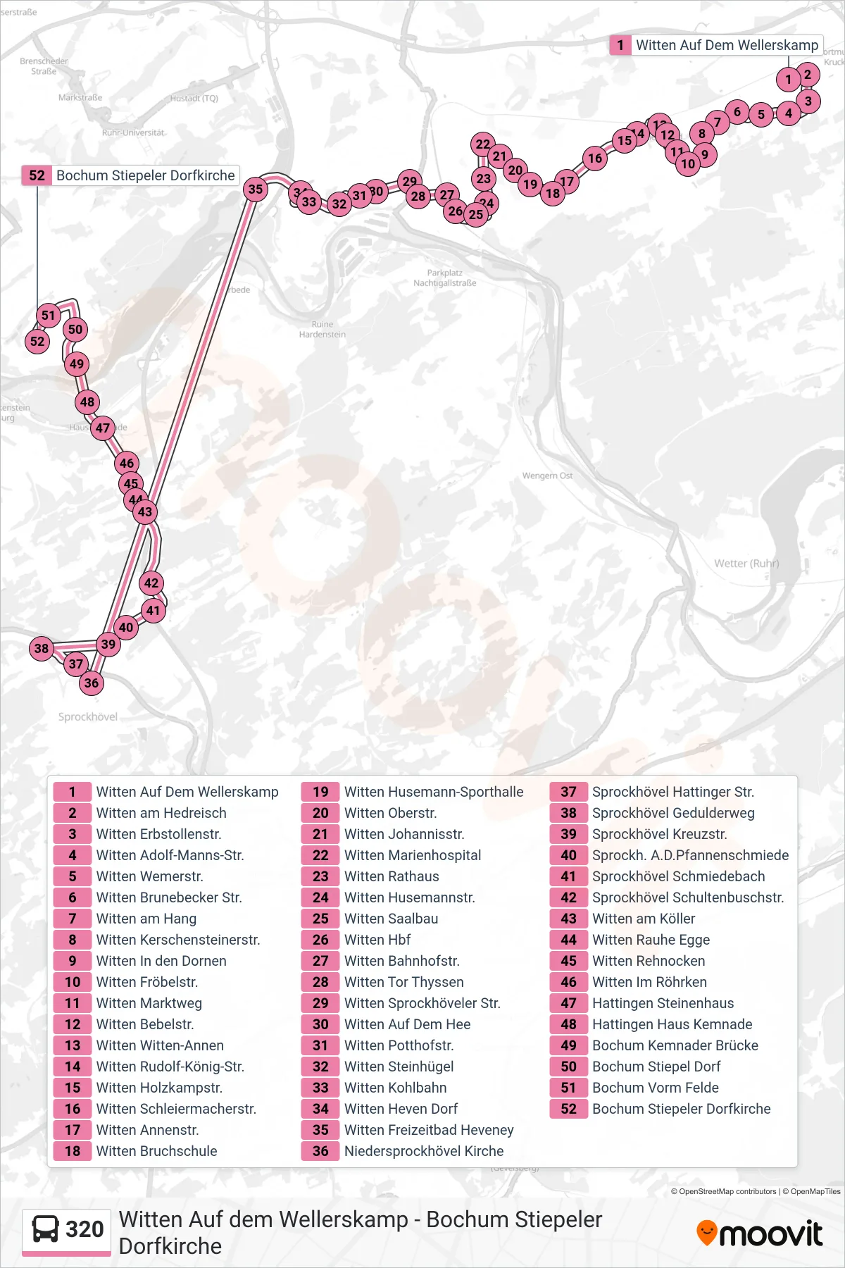 Linie 320 (Bus) Richtung Bochum Stiepeler Dorfkirche: Route und Haltestellen auf der Karte