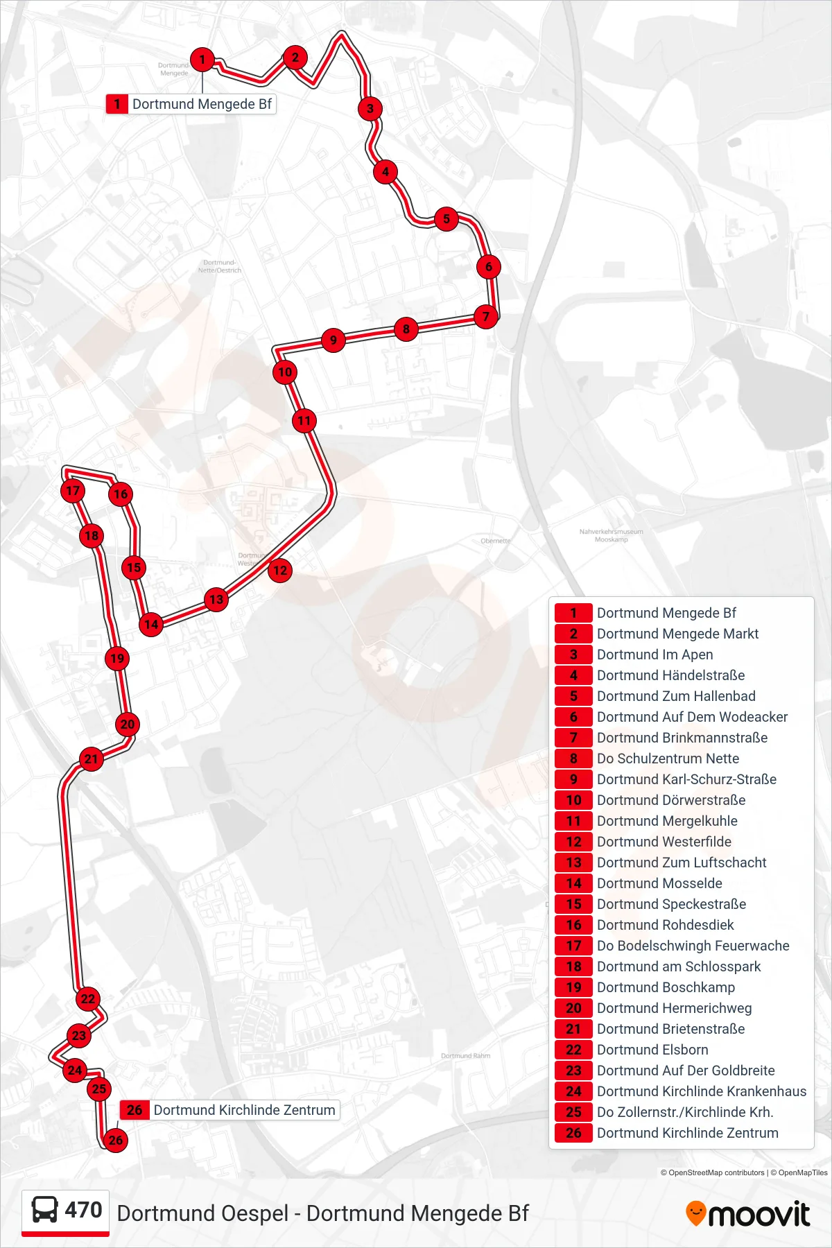 Linie 470 (Bus) Richtung Dortmund Kirchlinde Zentrum: Route und Haltestellen auf der Karte