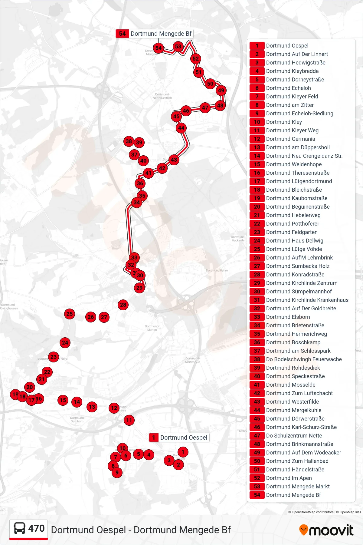 470 bus Line (Dortmund Mengede Bf) route and stops on a map